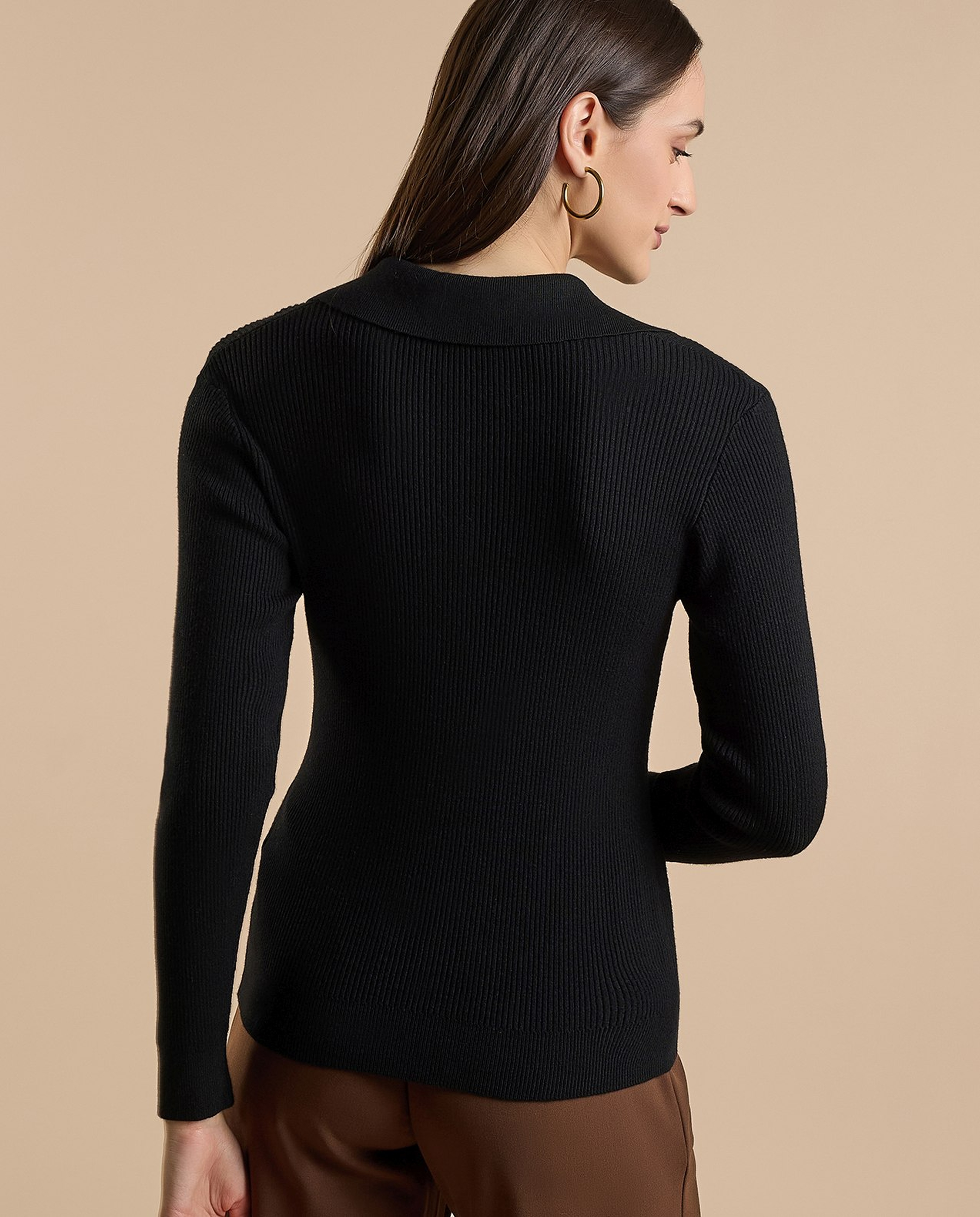 Ribbed Top with Shirt Collar and Long Sleeves