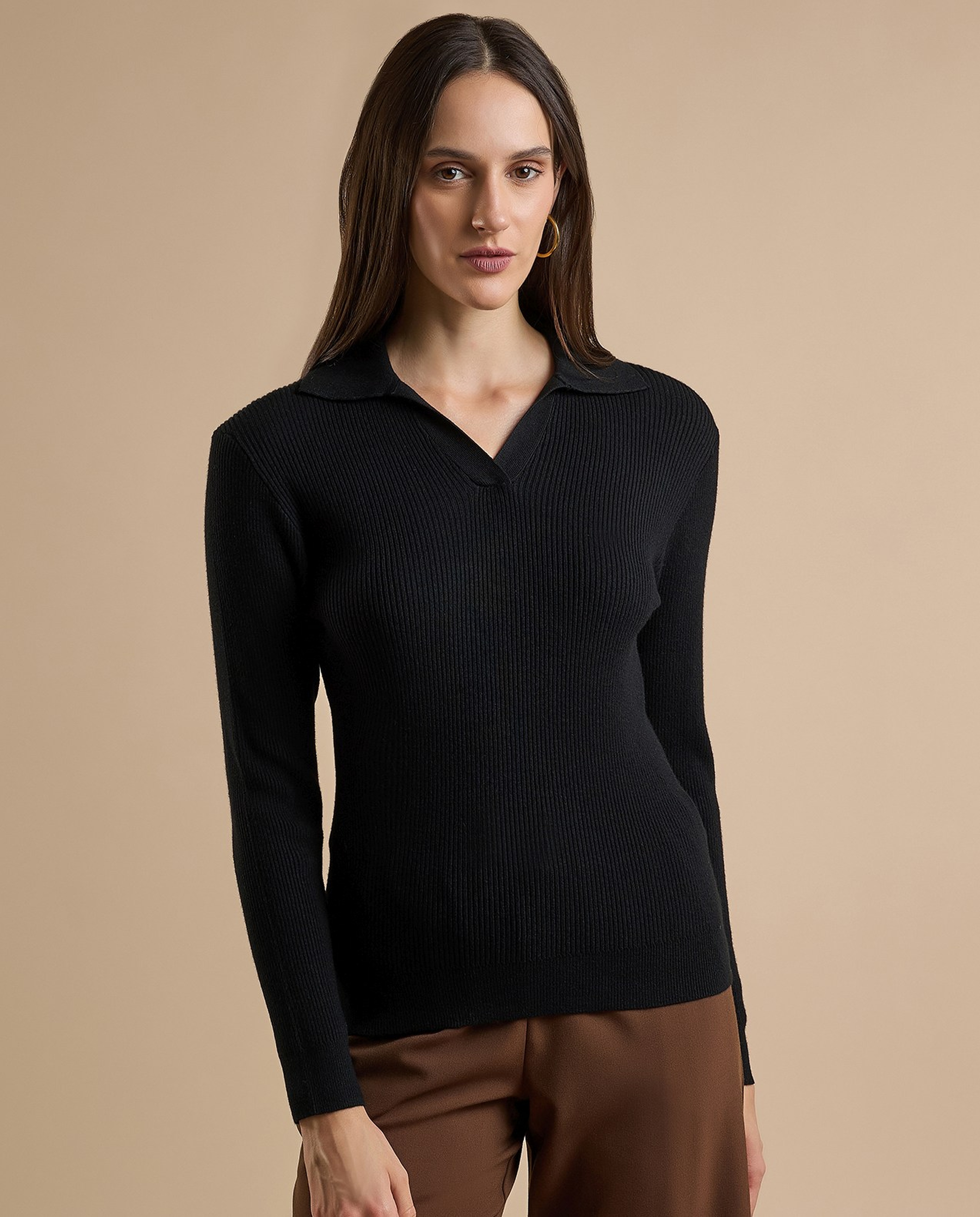 Ribbed Top with Shirt Collar and Long Sleeves