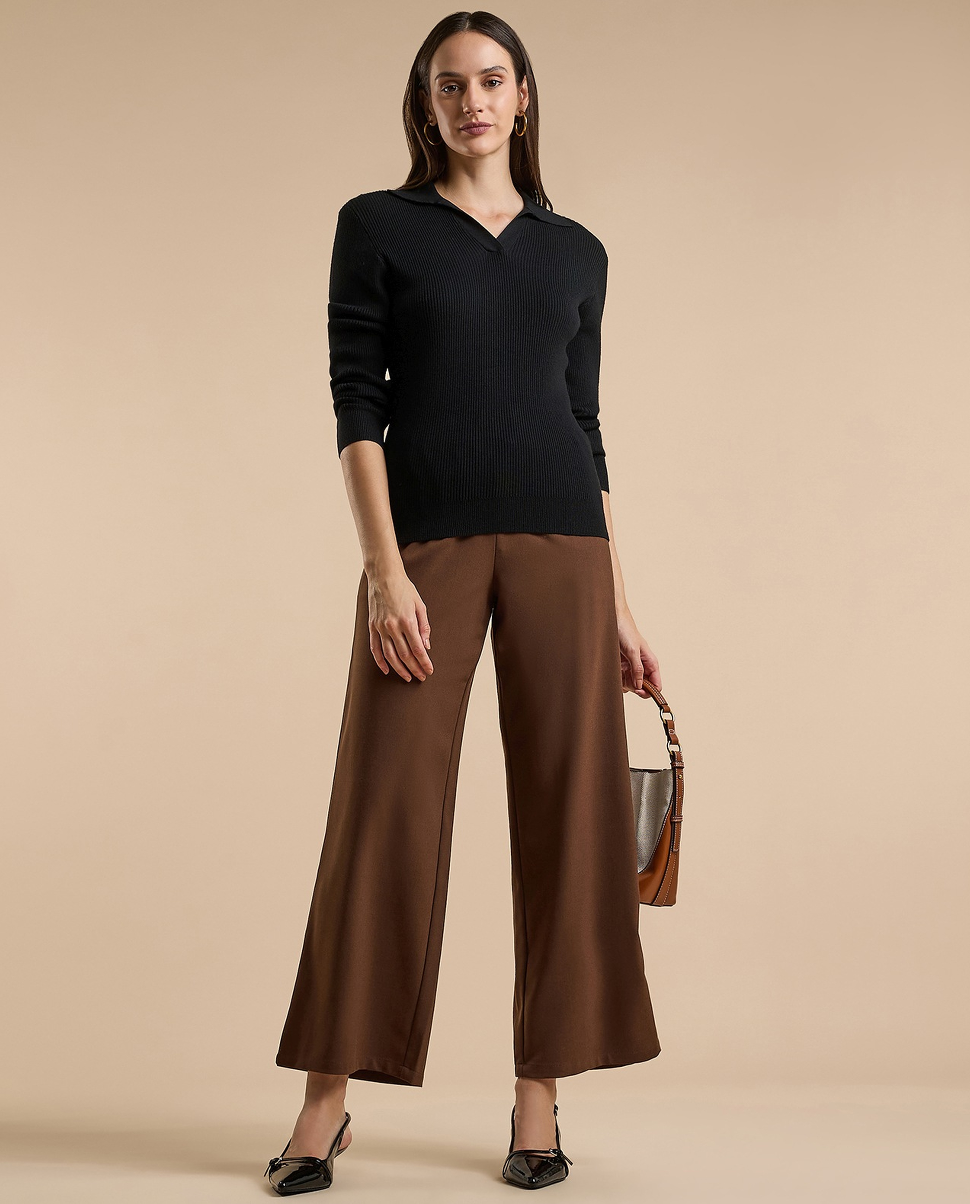 Ribbed Top with Shirt Collar and Long Sleeves