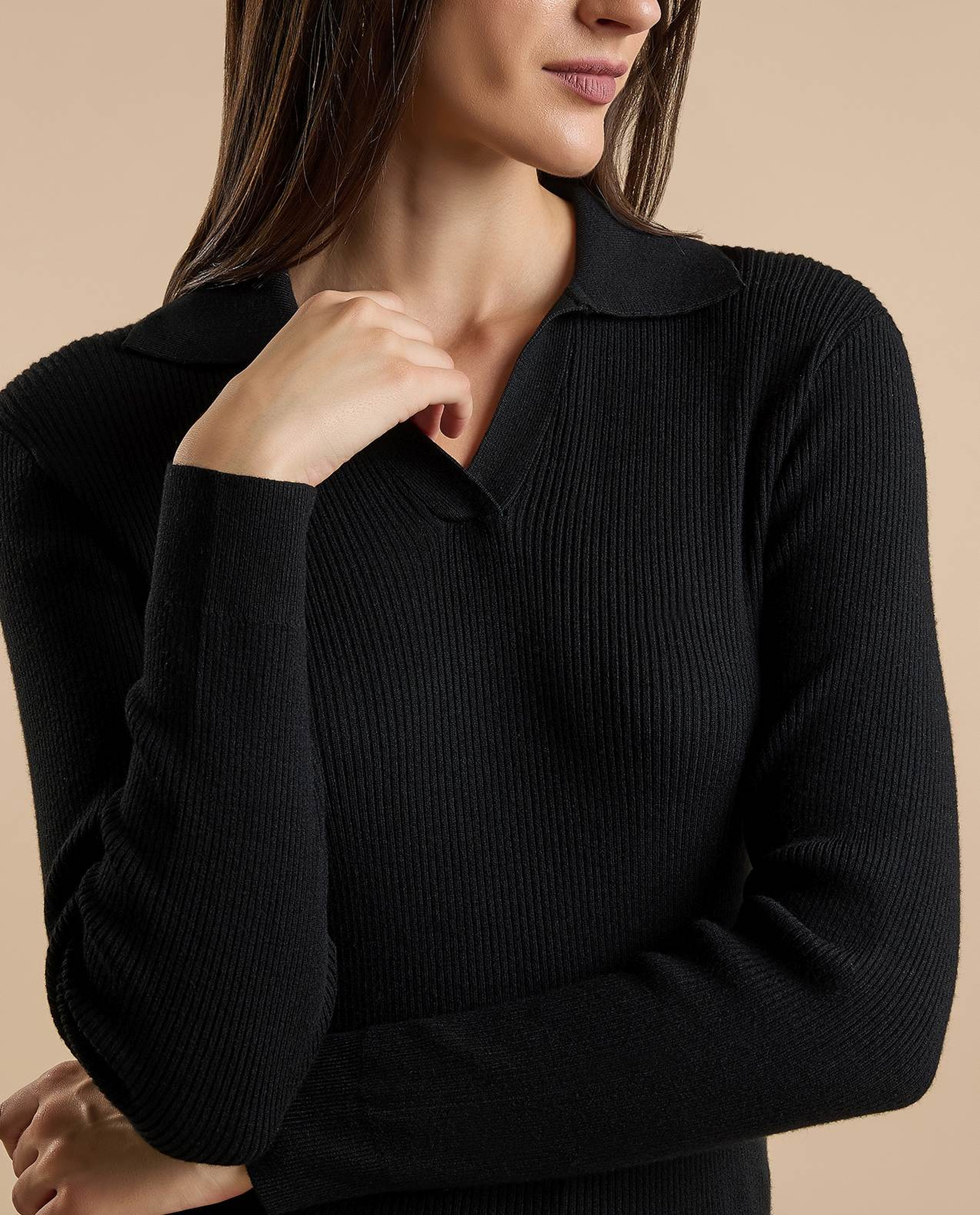 Ribbed Top with Shirt Collar and Long Sleeves