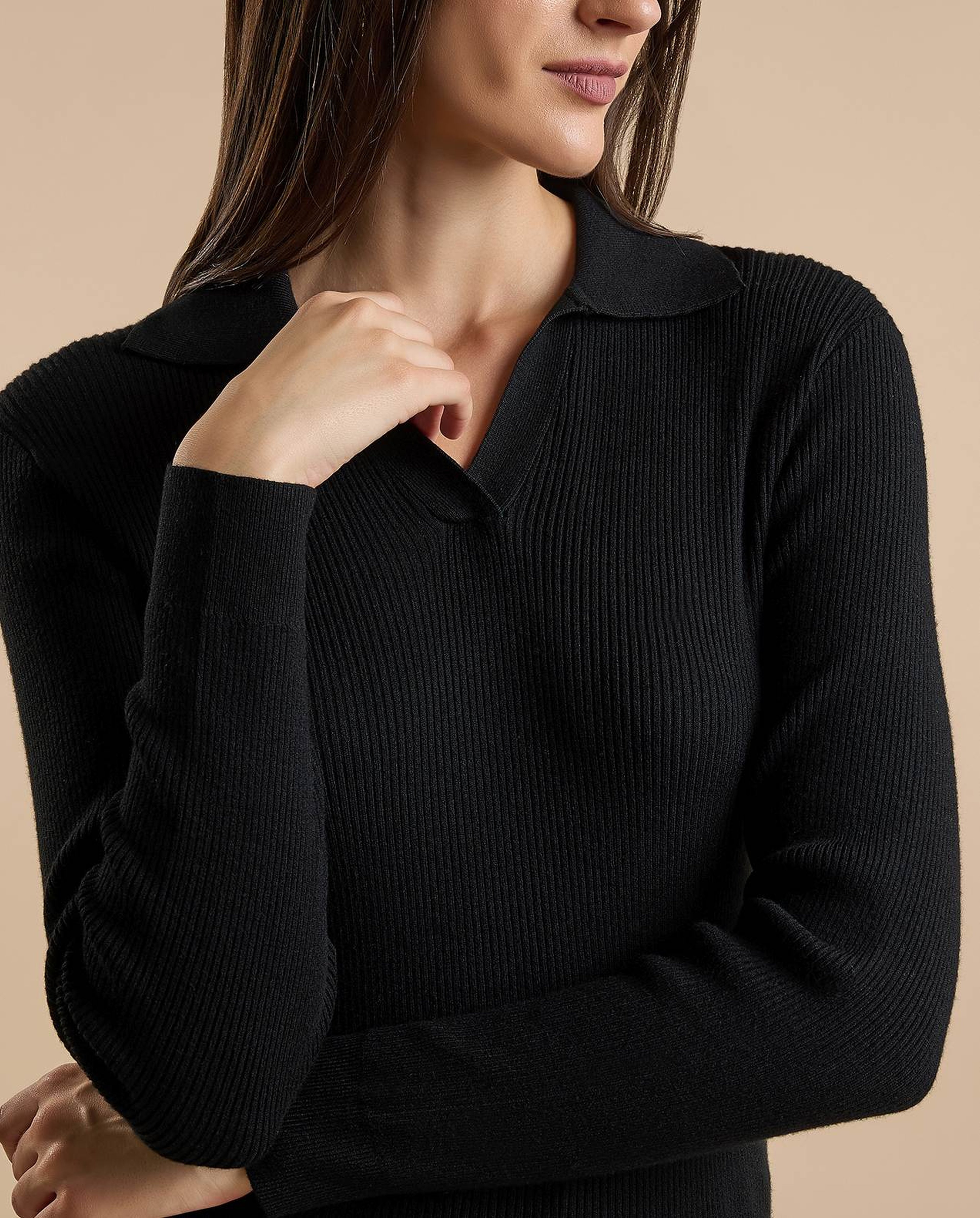 Ribbed Top with Shirt Collar and Long Sleeves