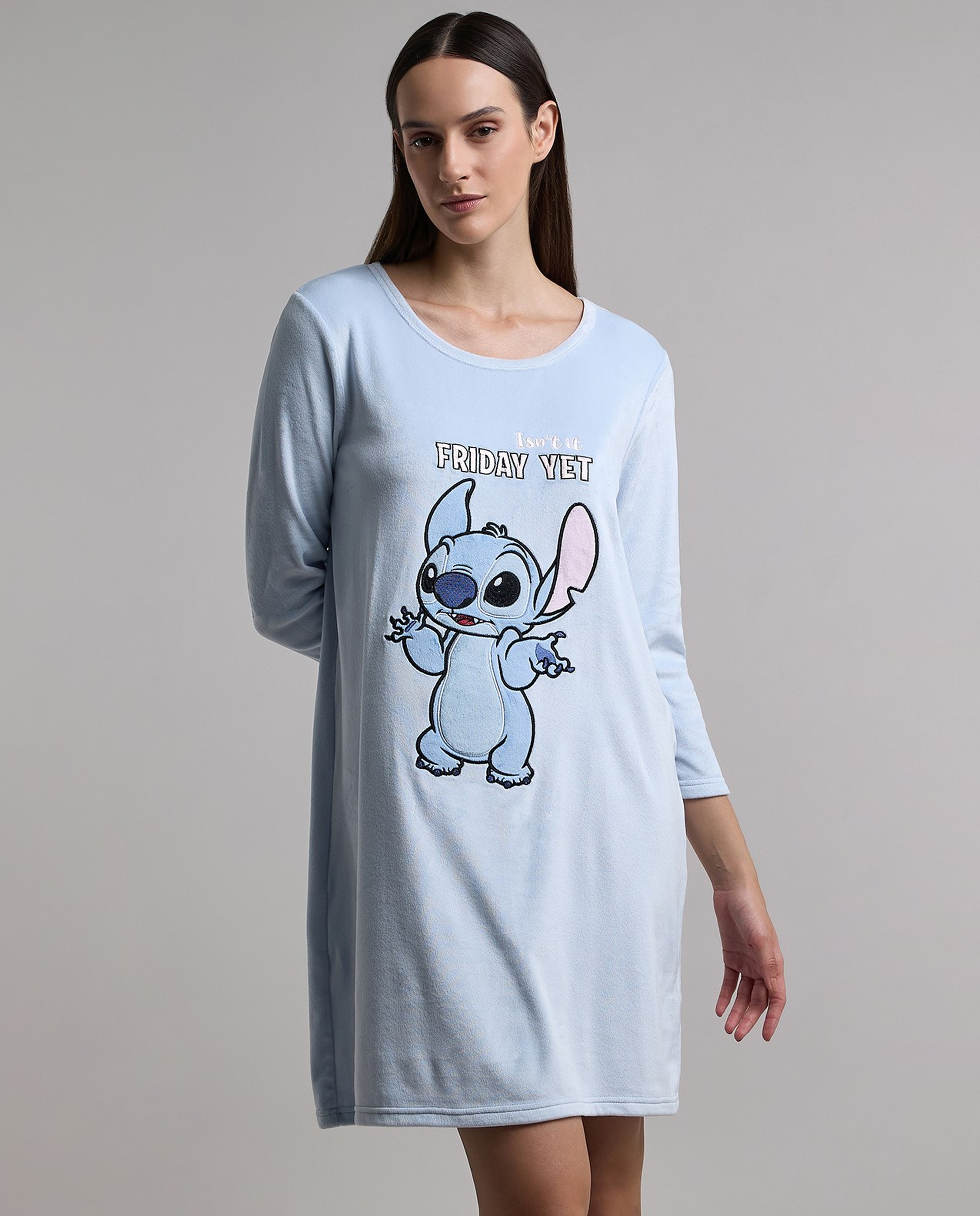Stitch Print Nightdress with Long Sleeves