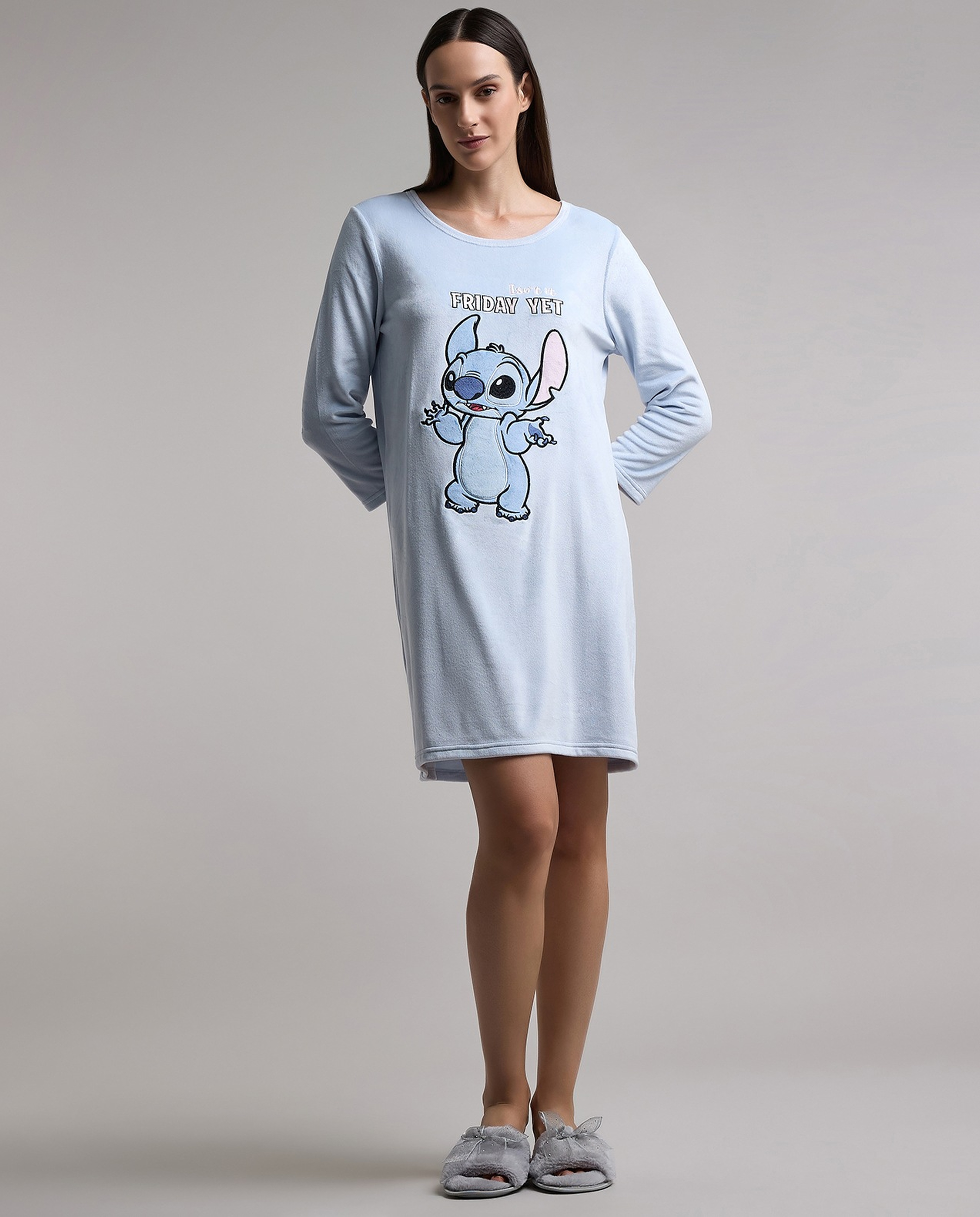 Stitch Print Nightdress with Long Sleeves