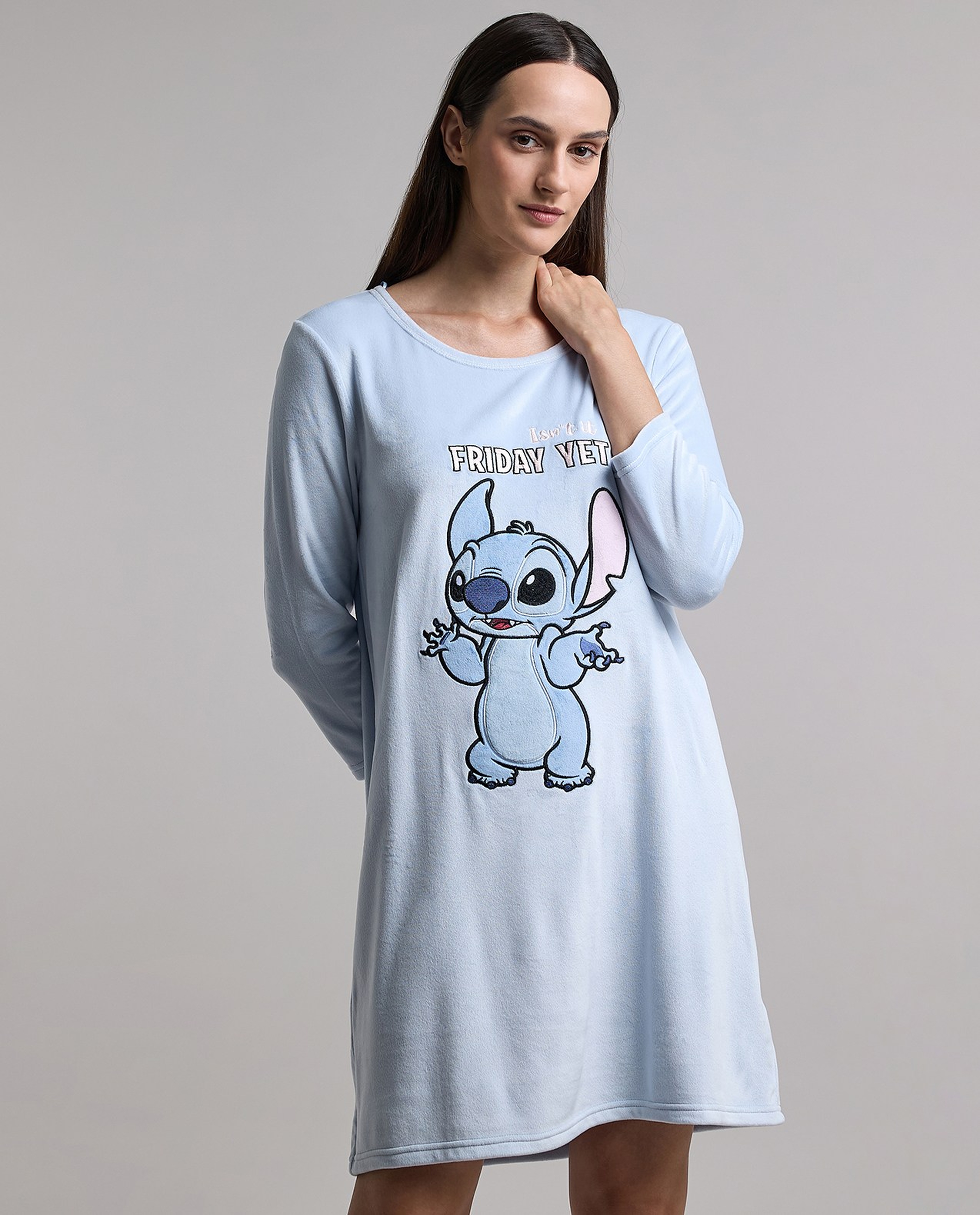 Stitch Print Nightdress with Long Sleeves