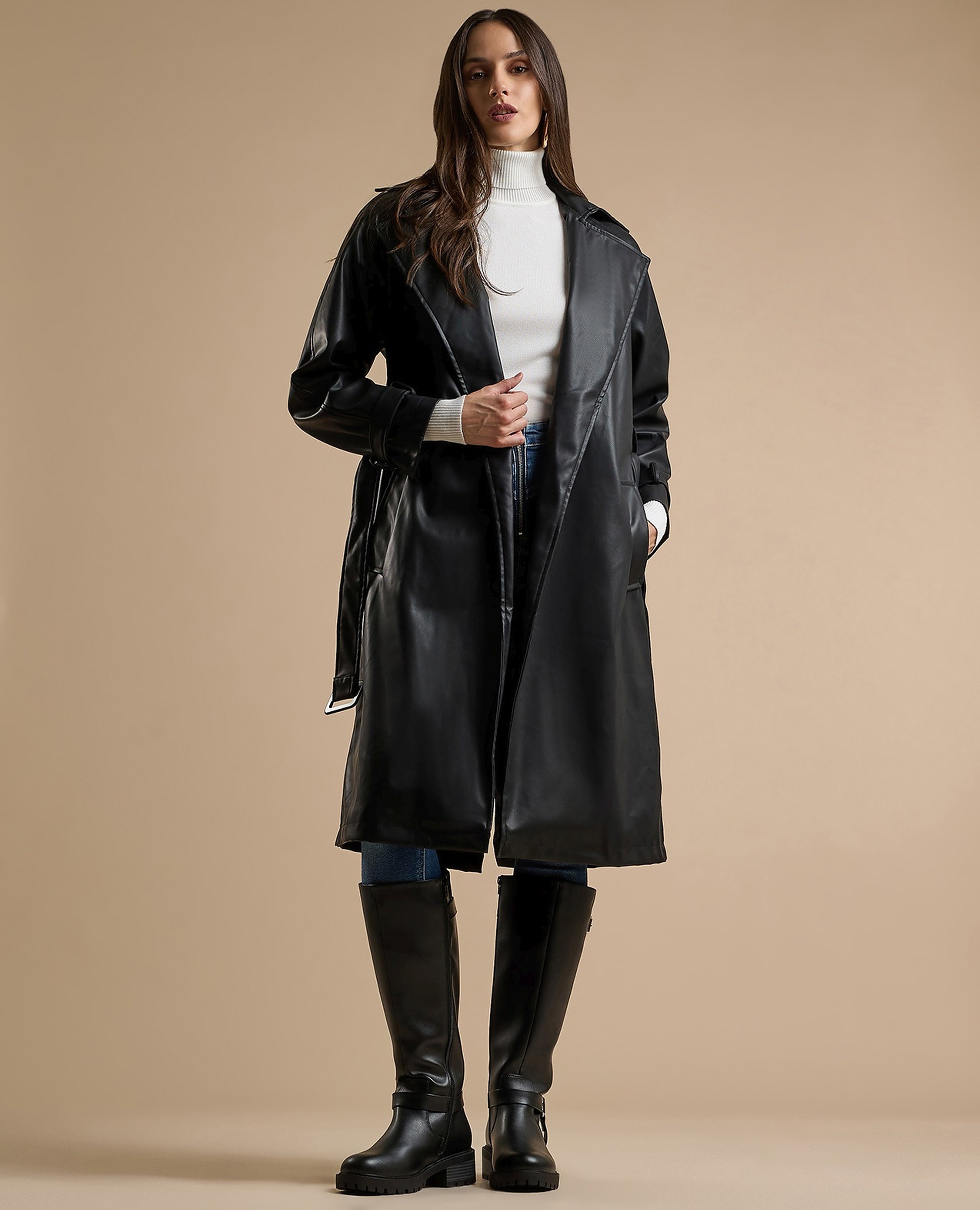 Solid Overcoat with Waist Belt