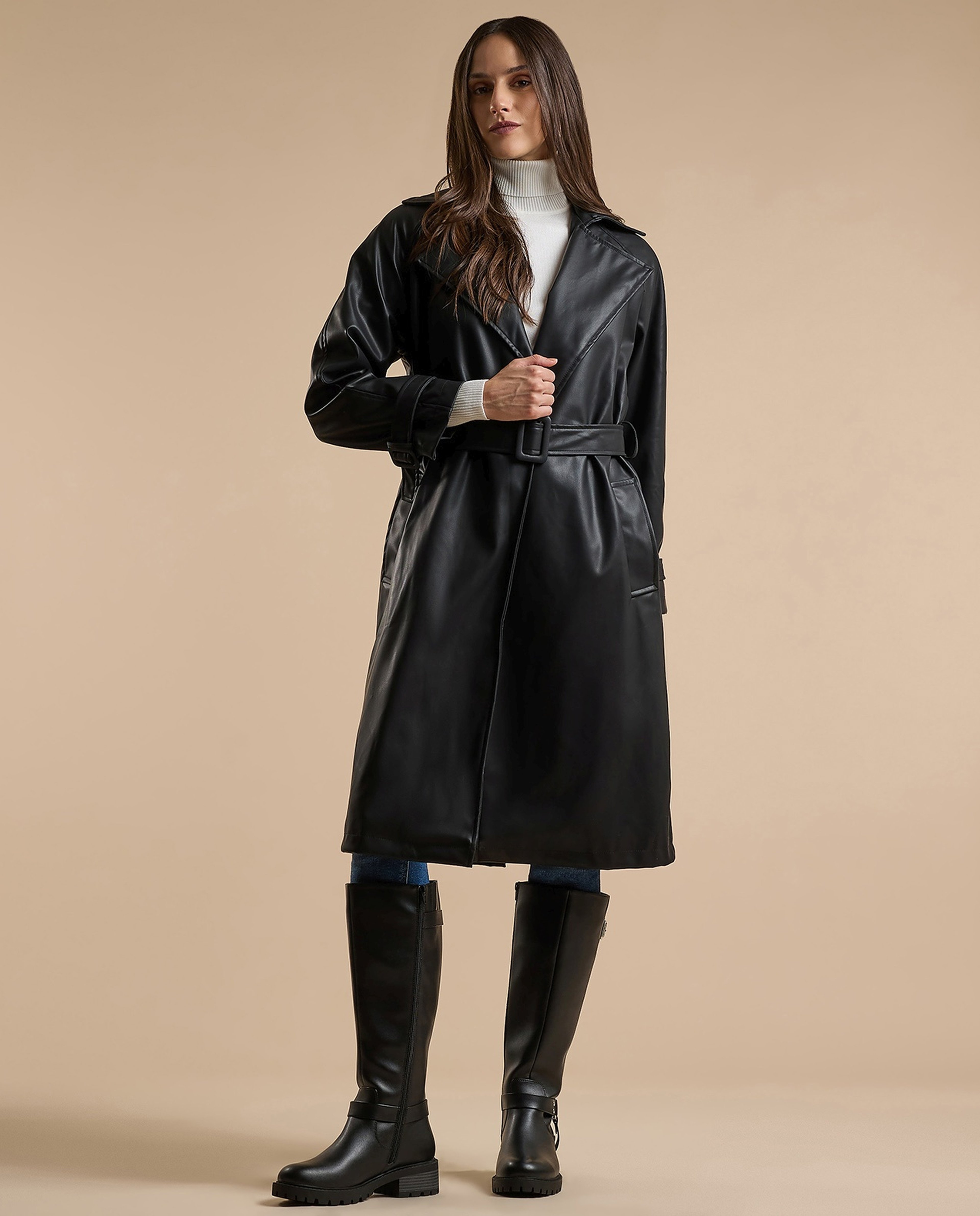 Solid Overcoat with Waist Belt