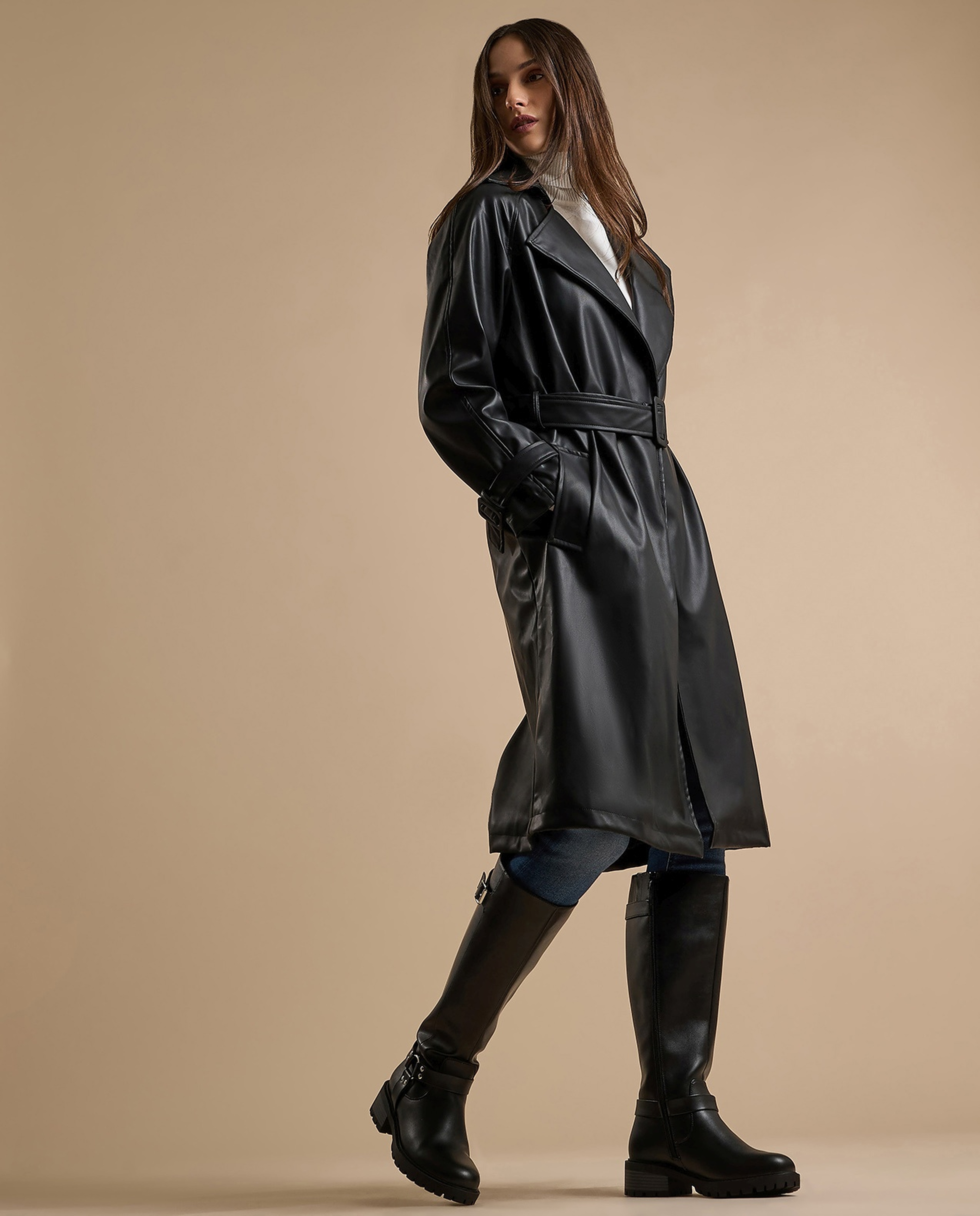 Solid Overcoat with Waist Belt