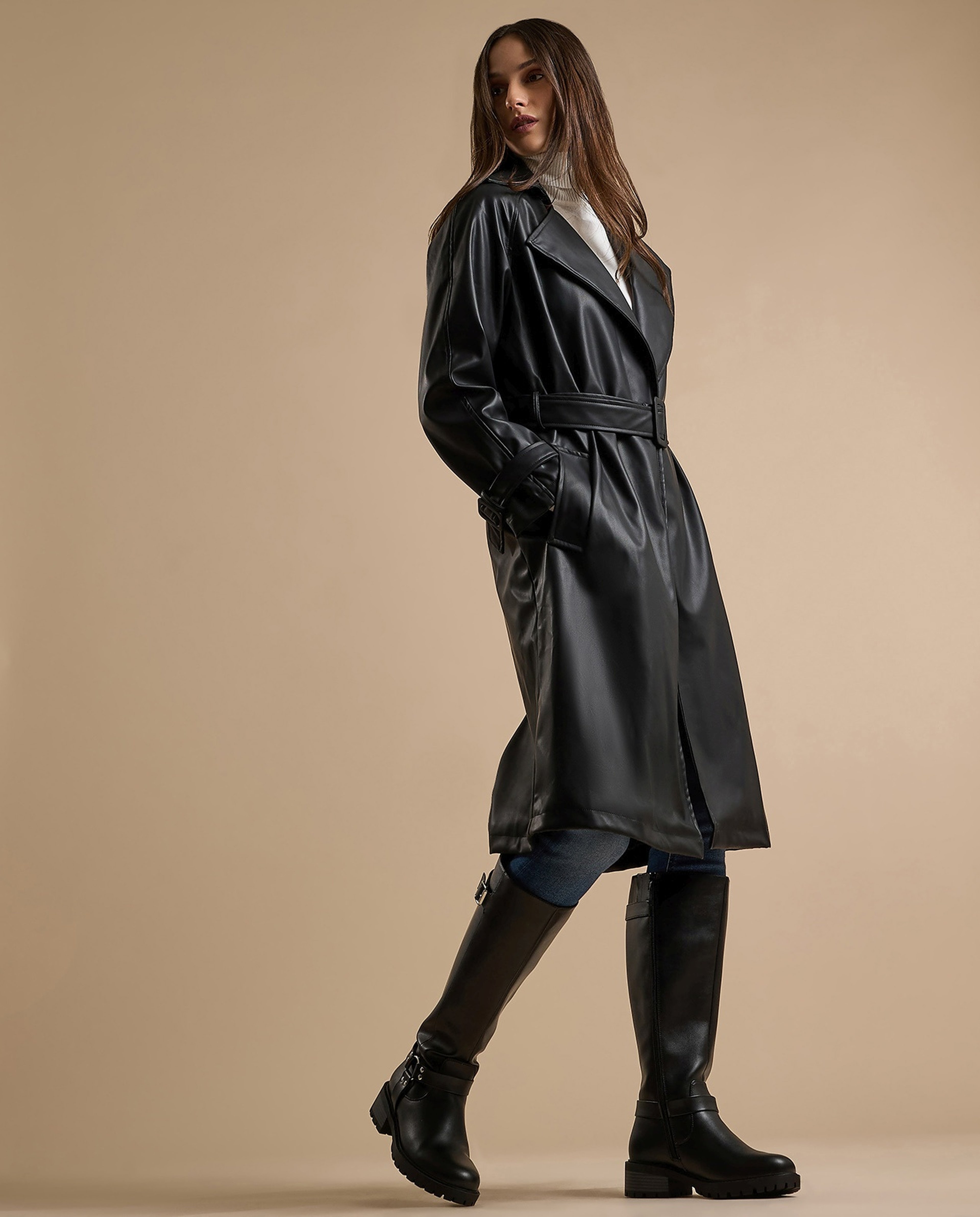 Solid Overcoat with Waist Belt