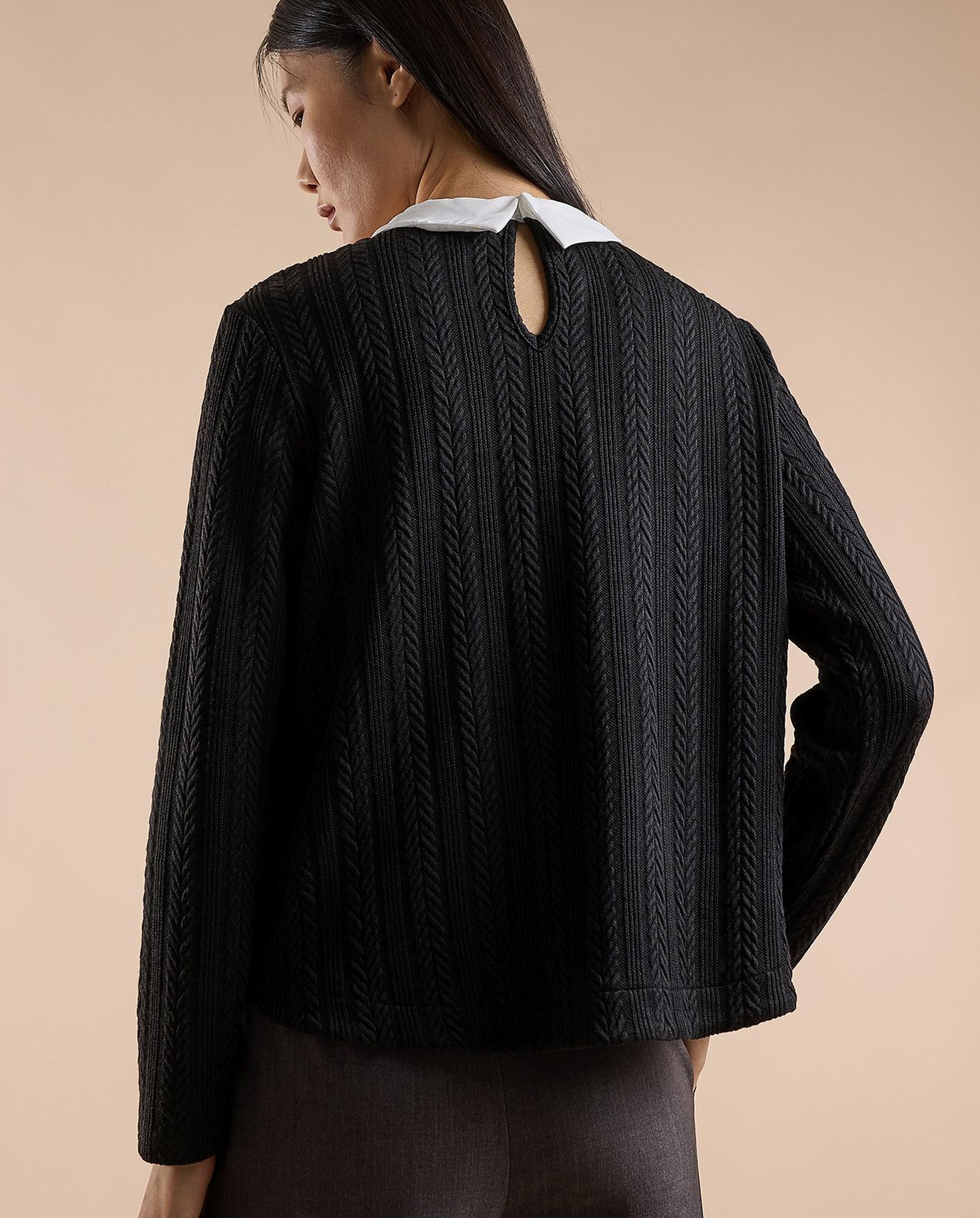 Knitted Top with Shirt Collar and Long Sleeves