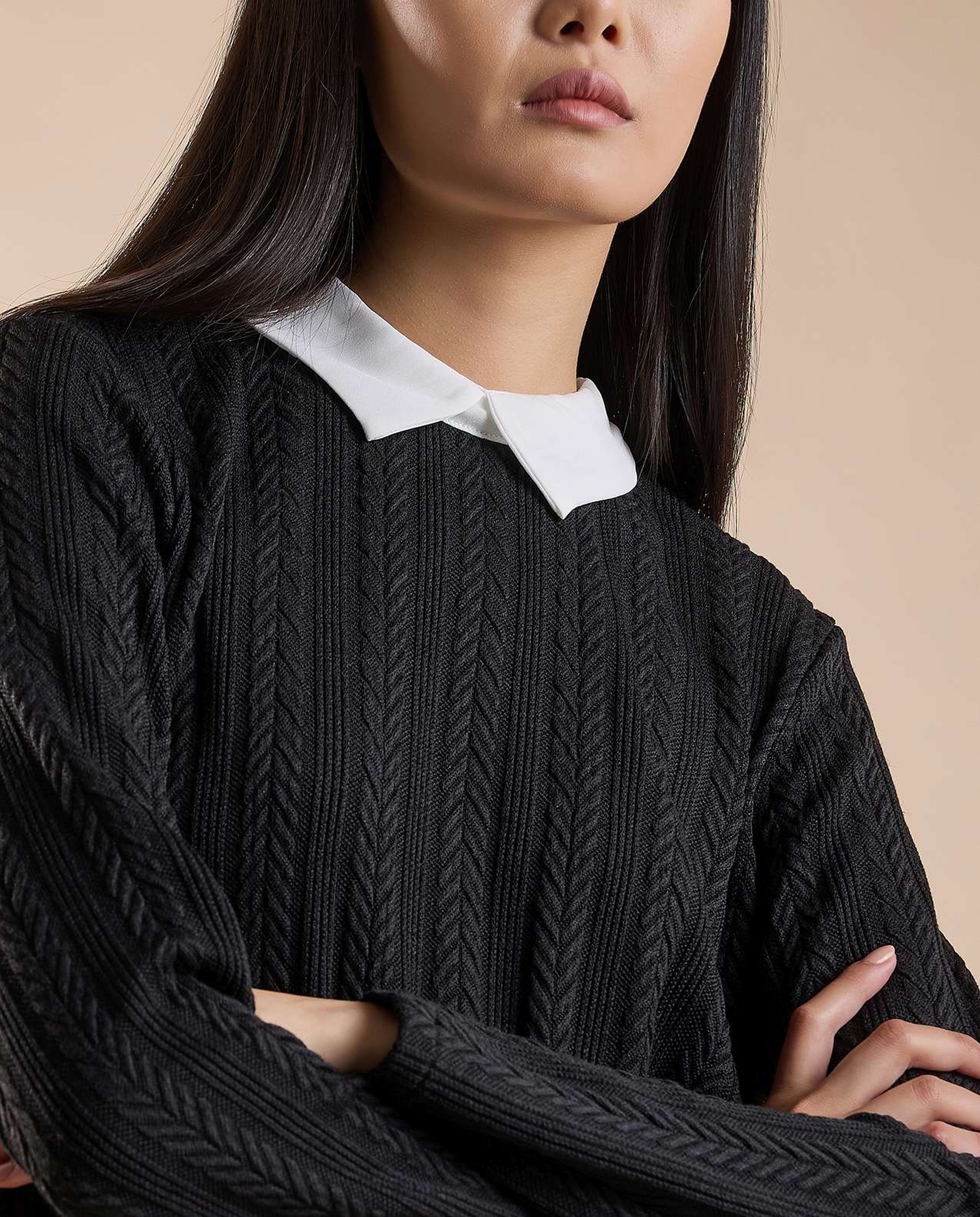 Knitted Top with Shirt Collar and Long Sleeves