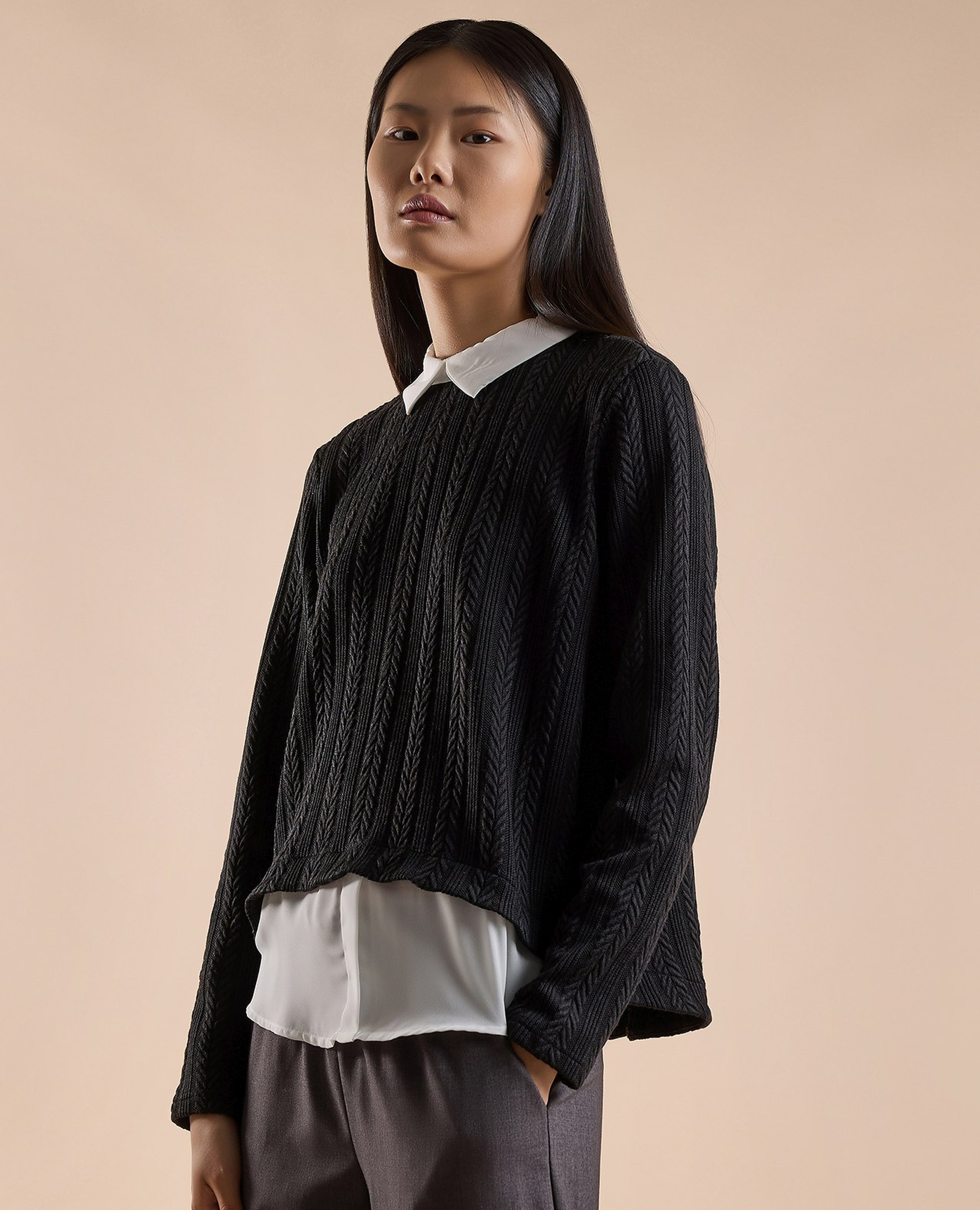 Knitted Top with Shirt Collar and Long Sleeves