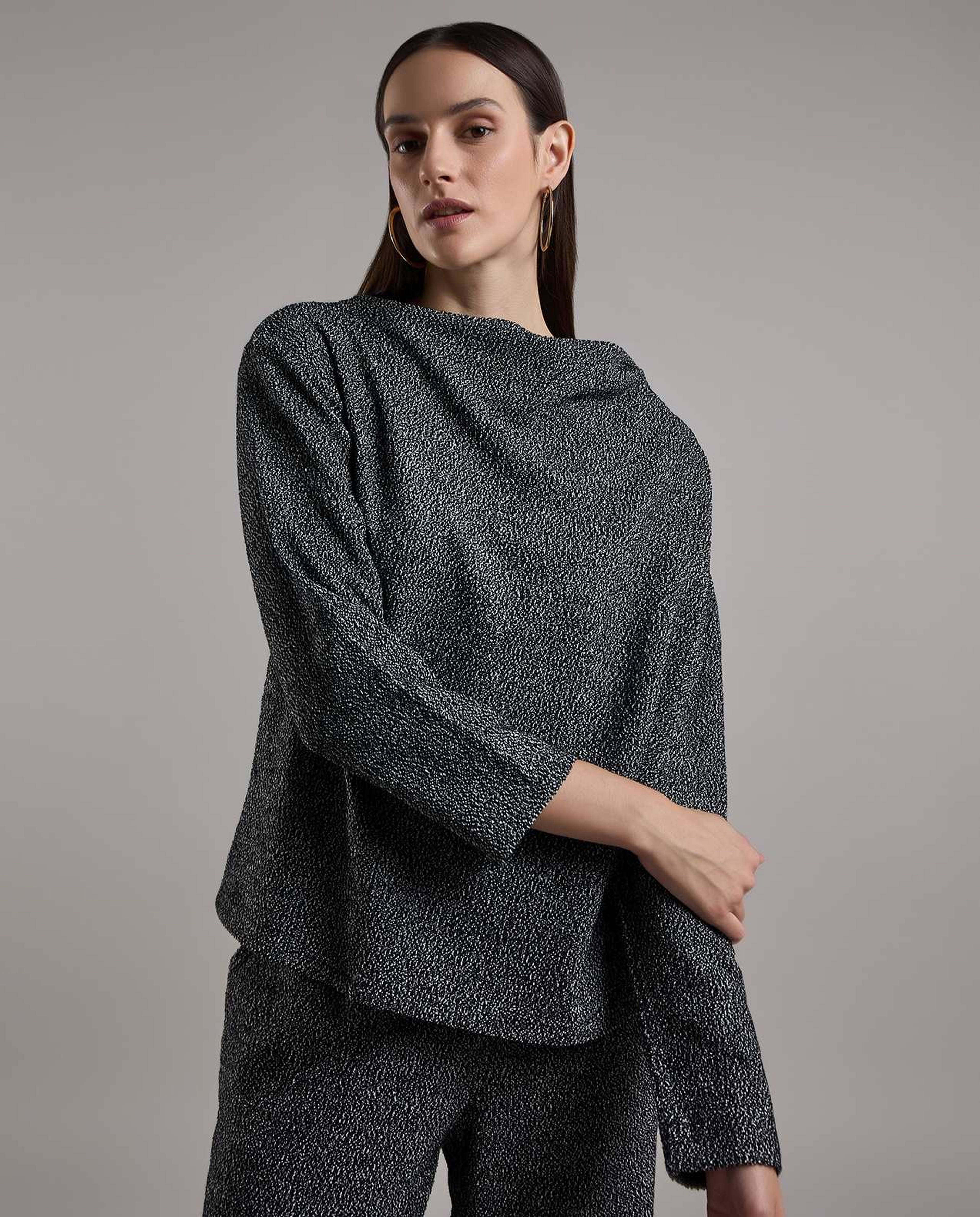 Textured Top with Cowl Neck and Long Sleeves