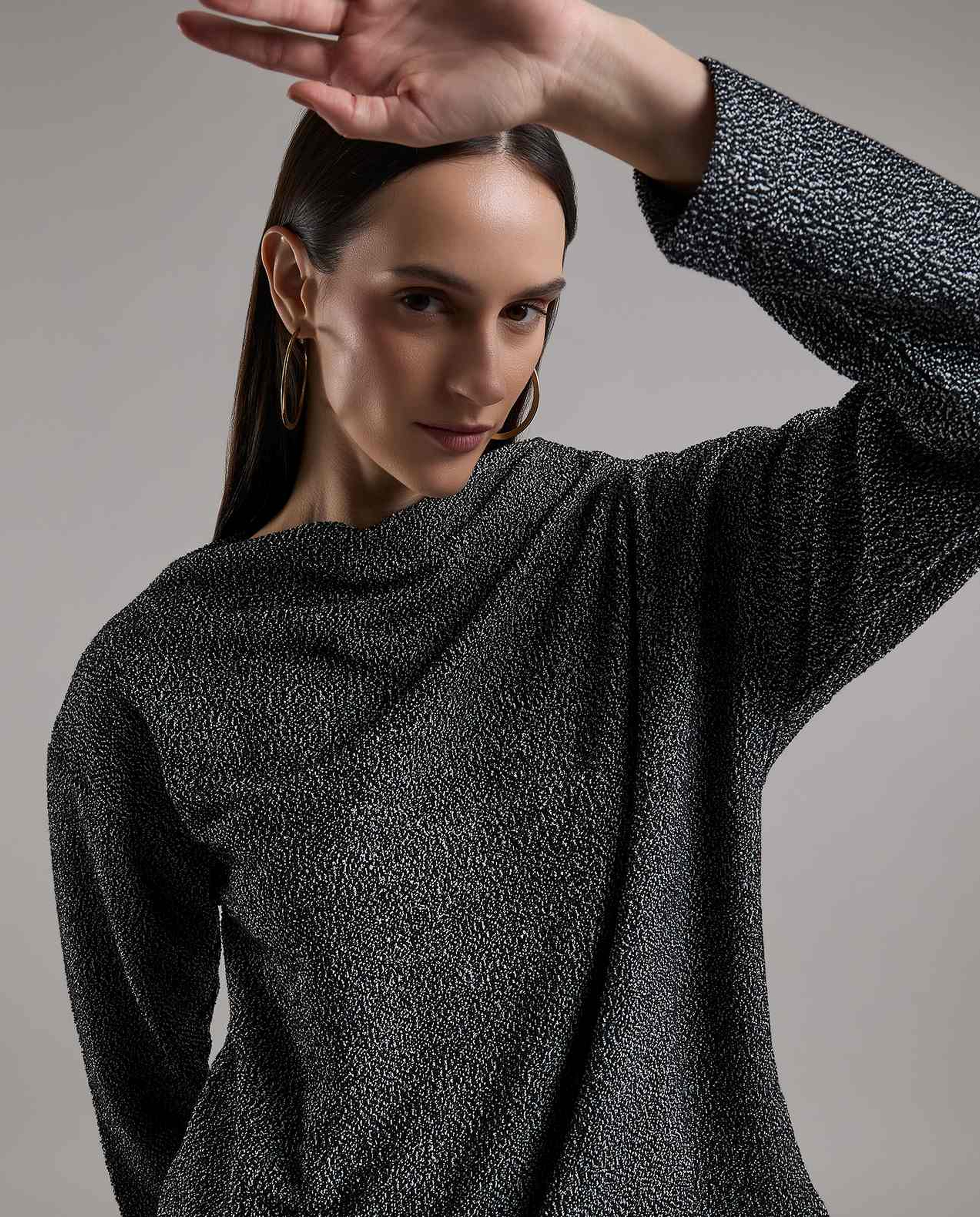 Textured Top with Cowl Neck and Long Sleeves