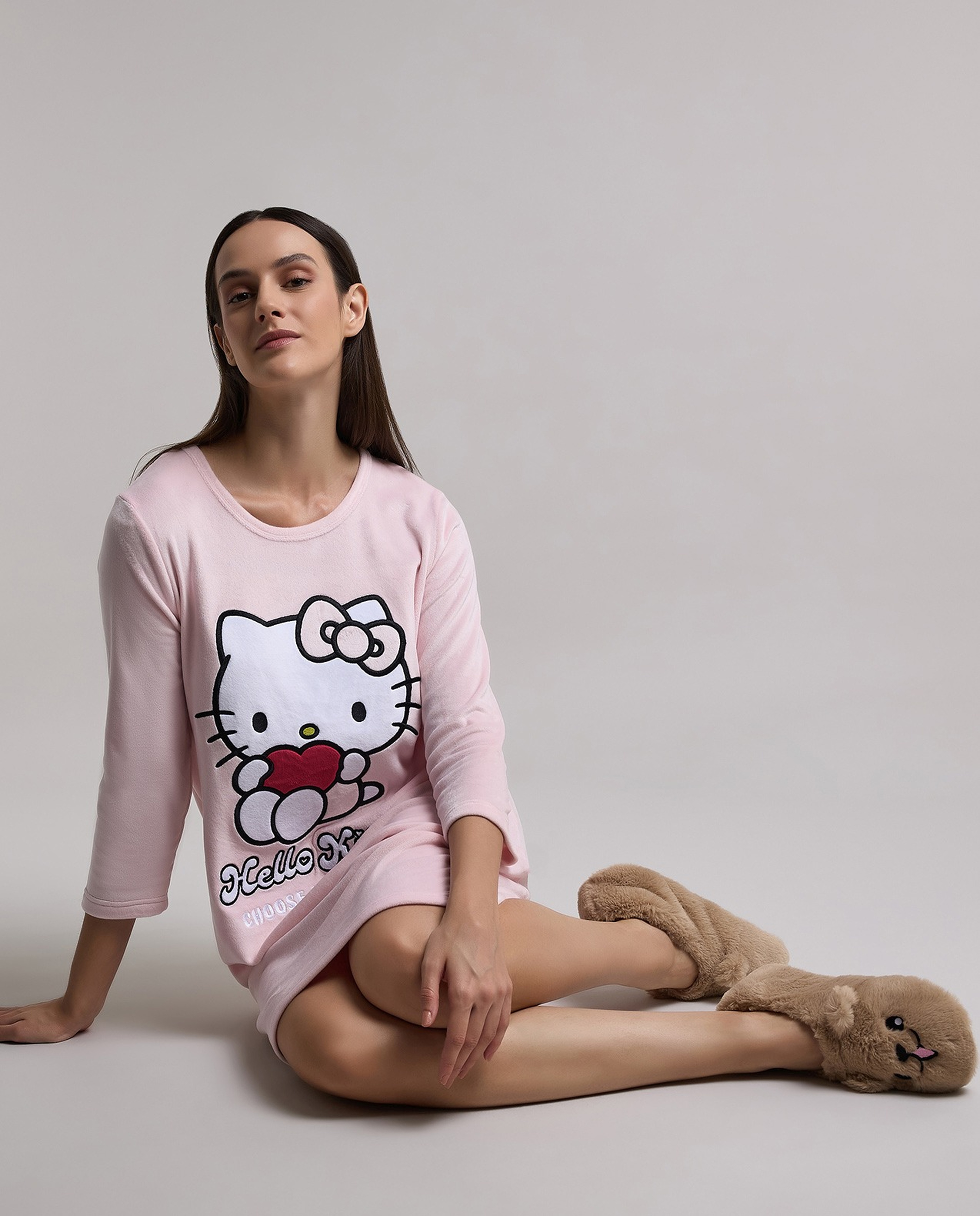 Hello Kitty Print Nightdress with Long Sleeves