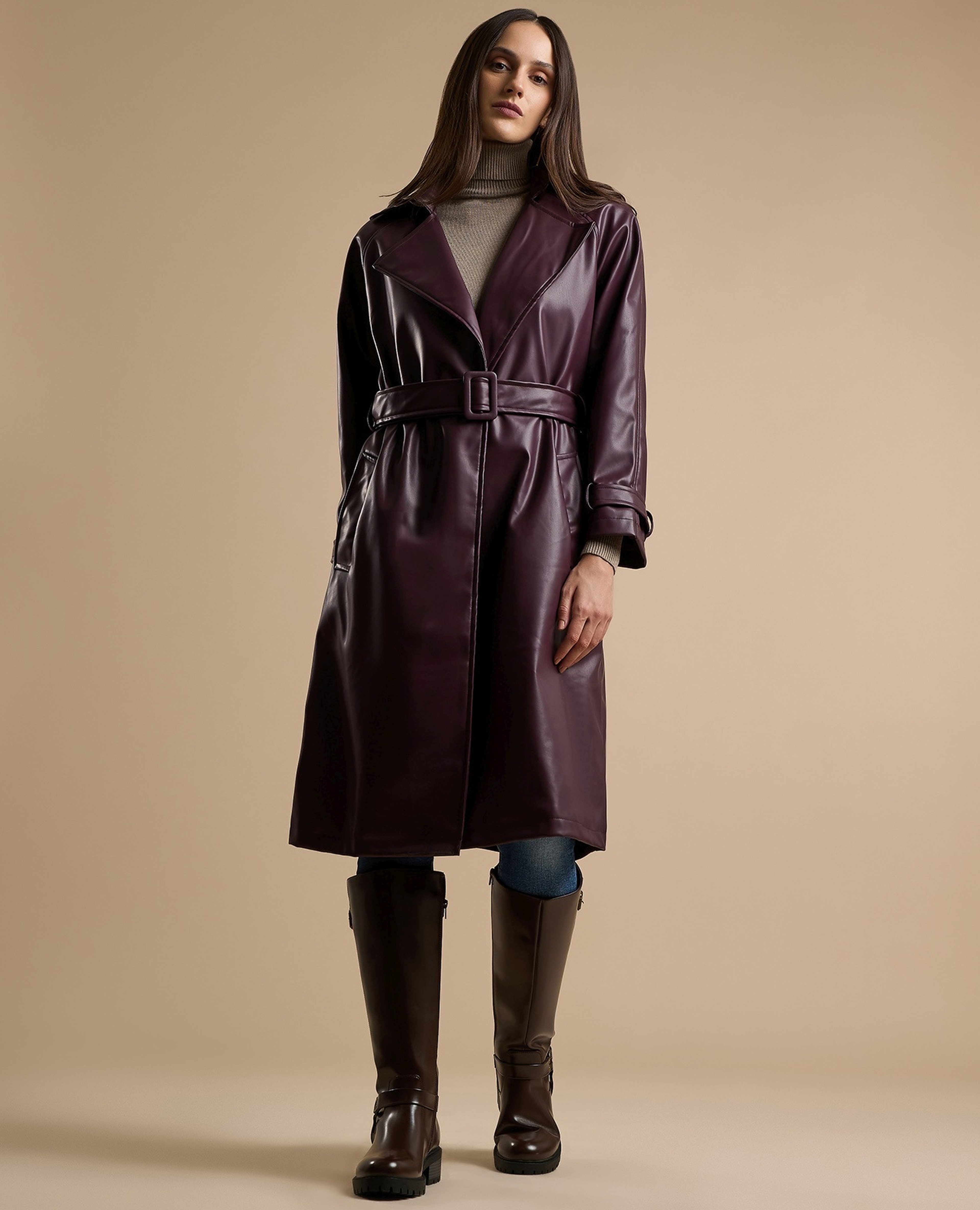 Solid Overcoat with Waist Belt