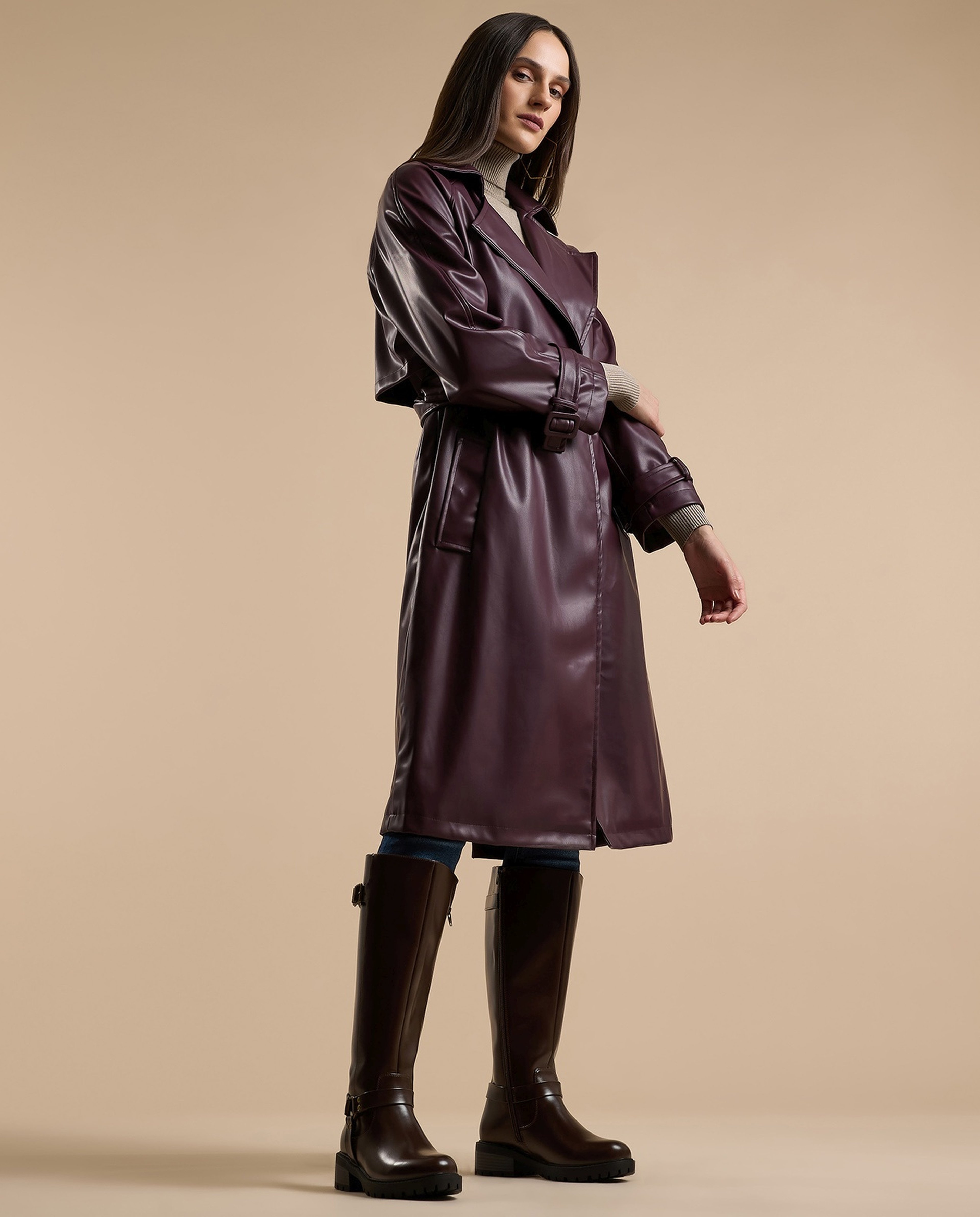 Solid Overcoat with Waist Belt