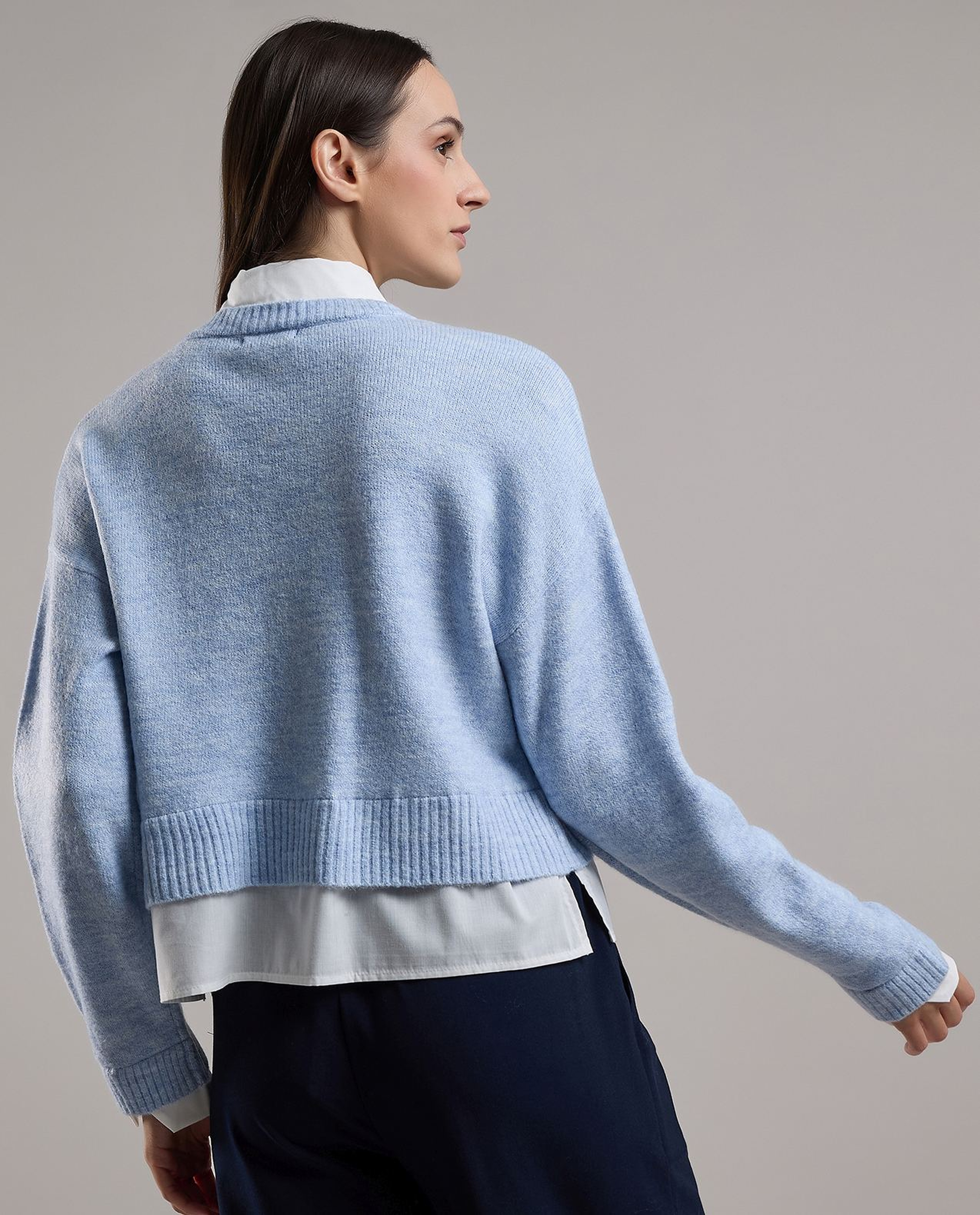 Solid Sweater with V-Neck and Long Sleeves