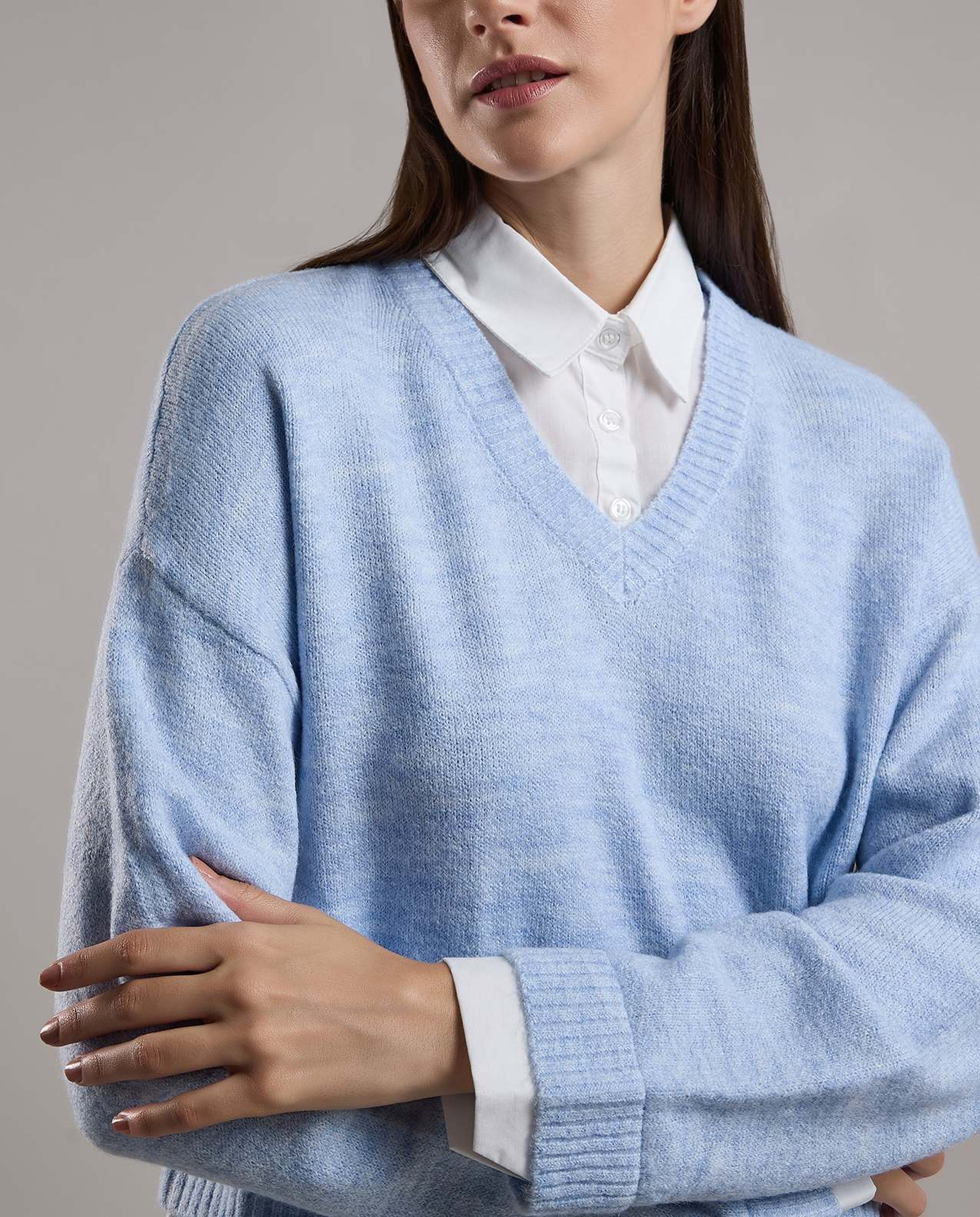 Solid Sweater with V-Neck and Long Sleeves