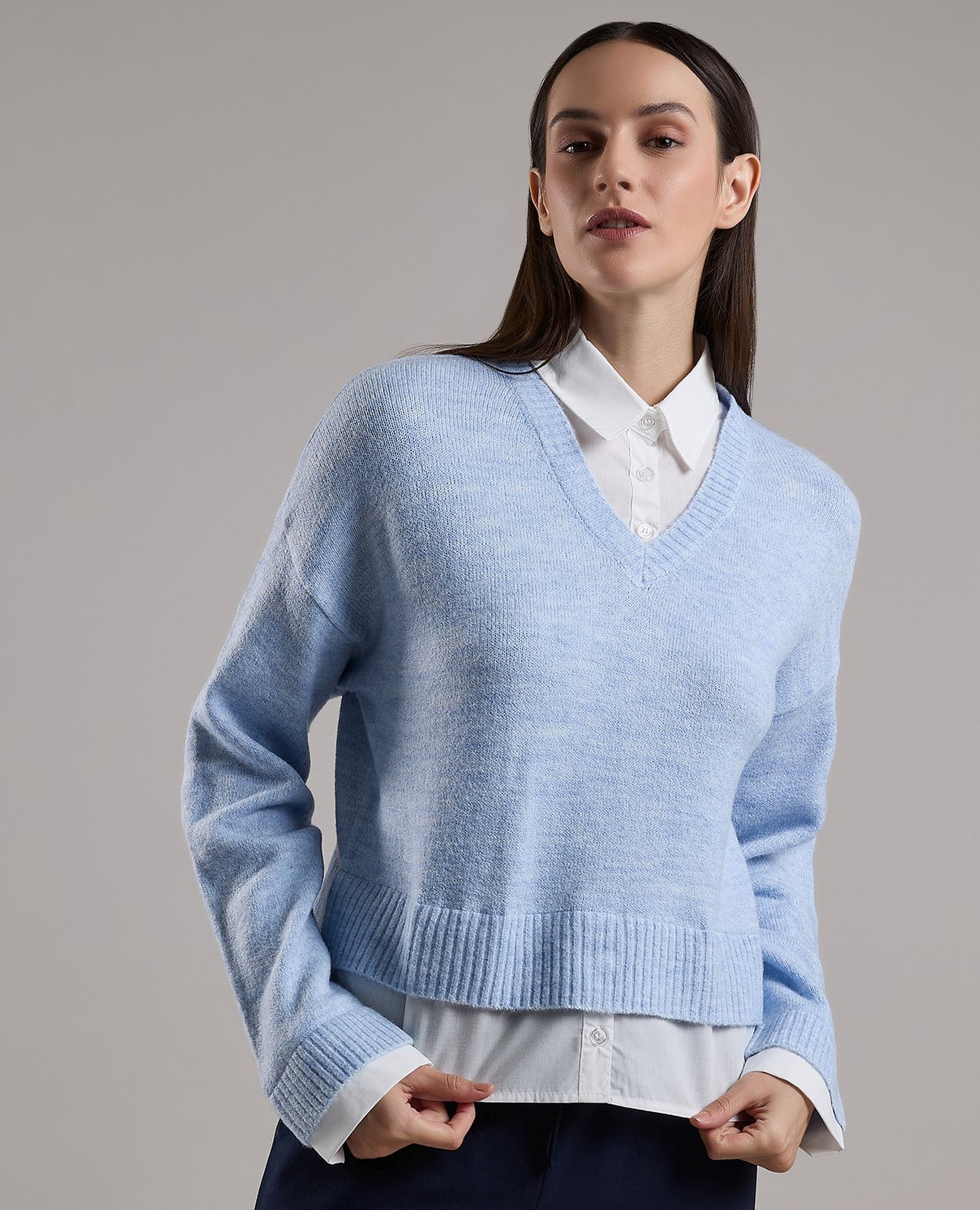 Solid Sweater with V-Neck and Long Sleeves