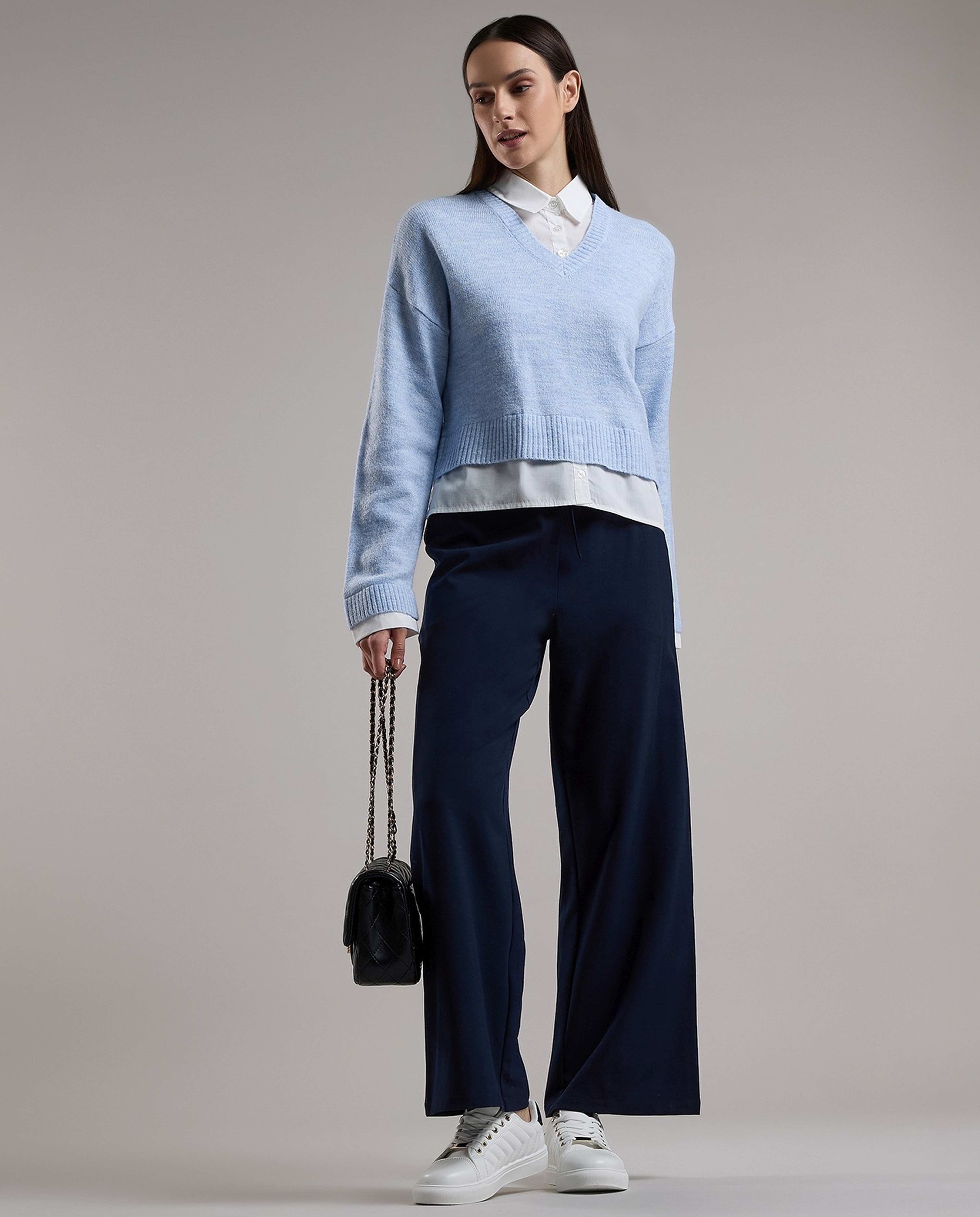 Solid Sweater with V-Neck and Long Sleeves