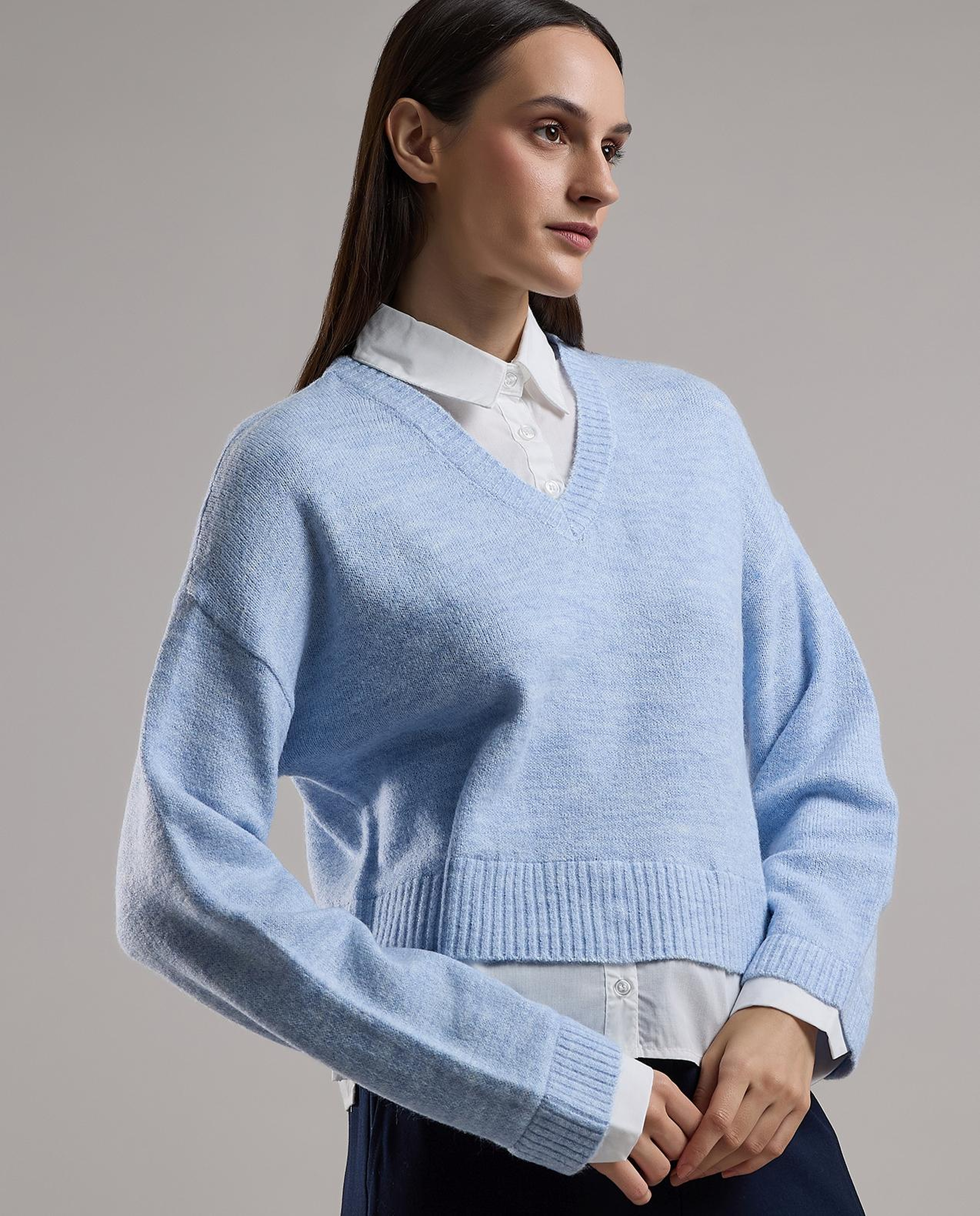 Solid Sweater with V-Neck and Long Sleeves