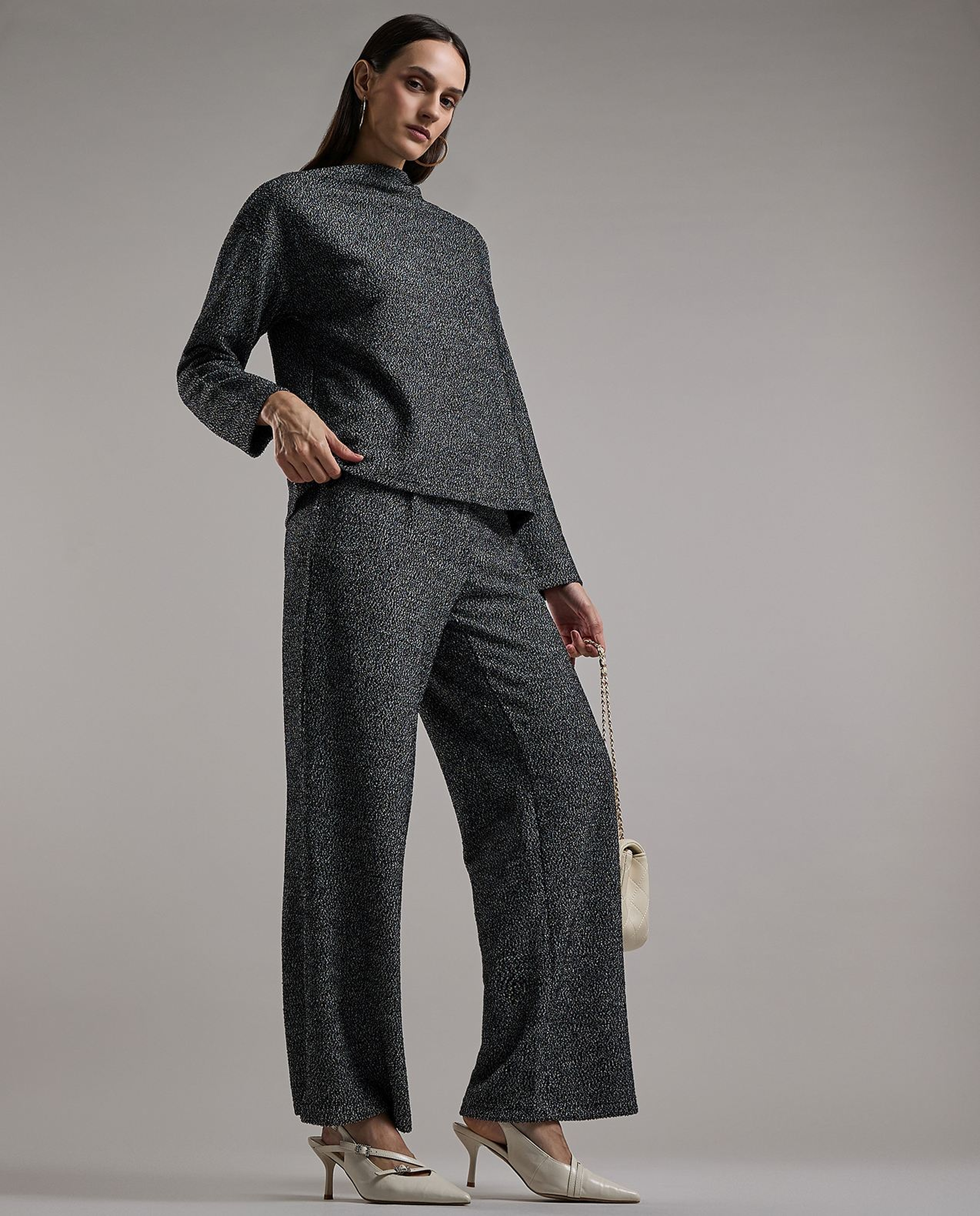 Textured Wide Leg Pants with Button Closure