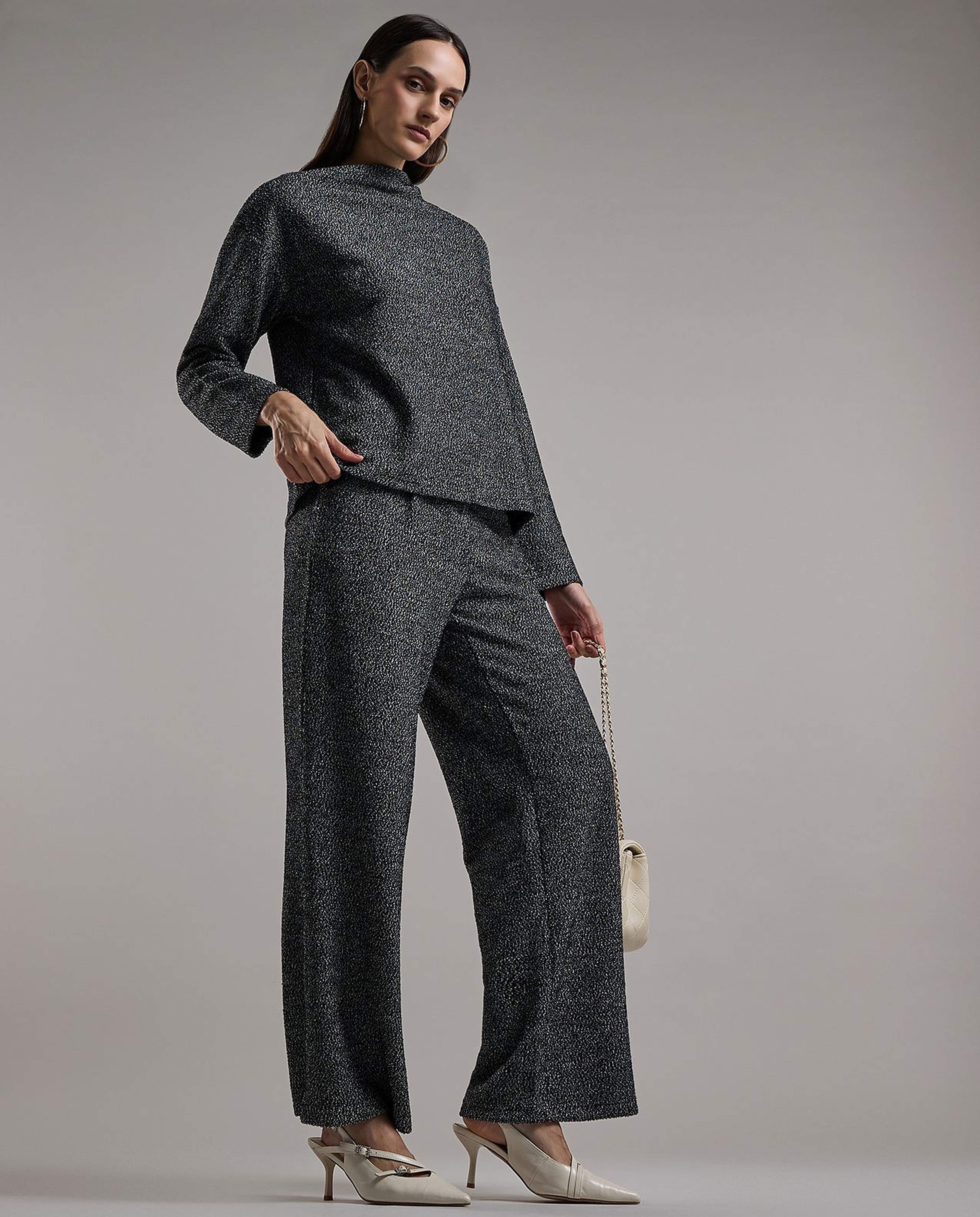 Textured Wide Leg Pants with Button Closure