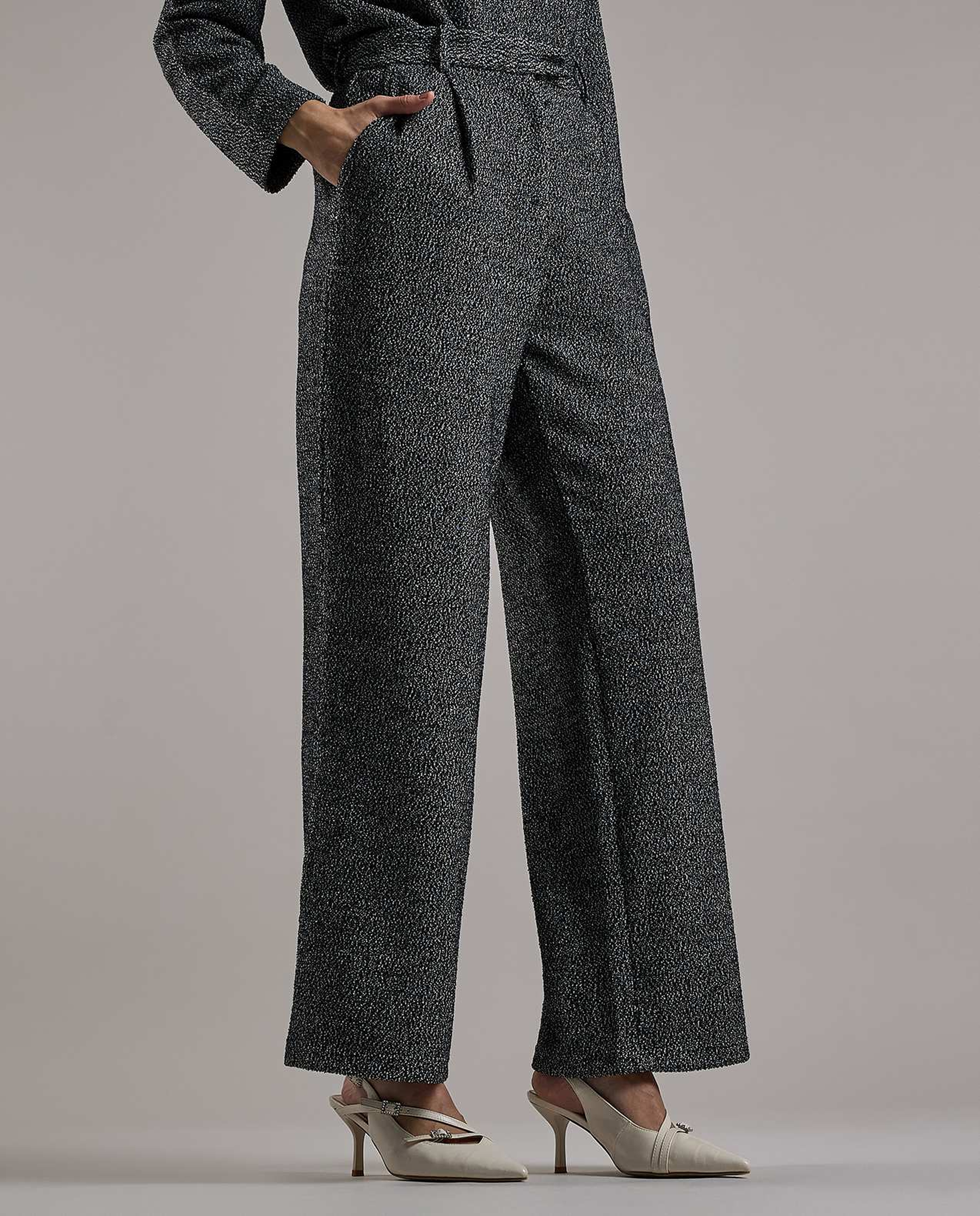 Textured Wide Leg Pants with Button Closure