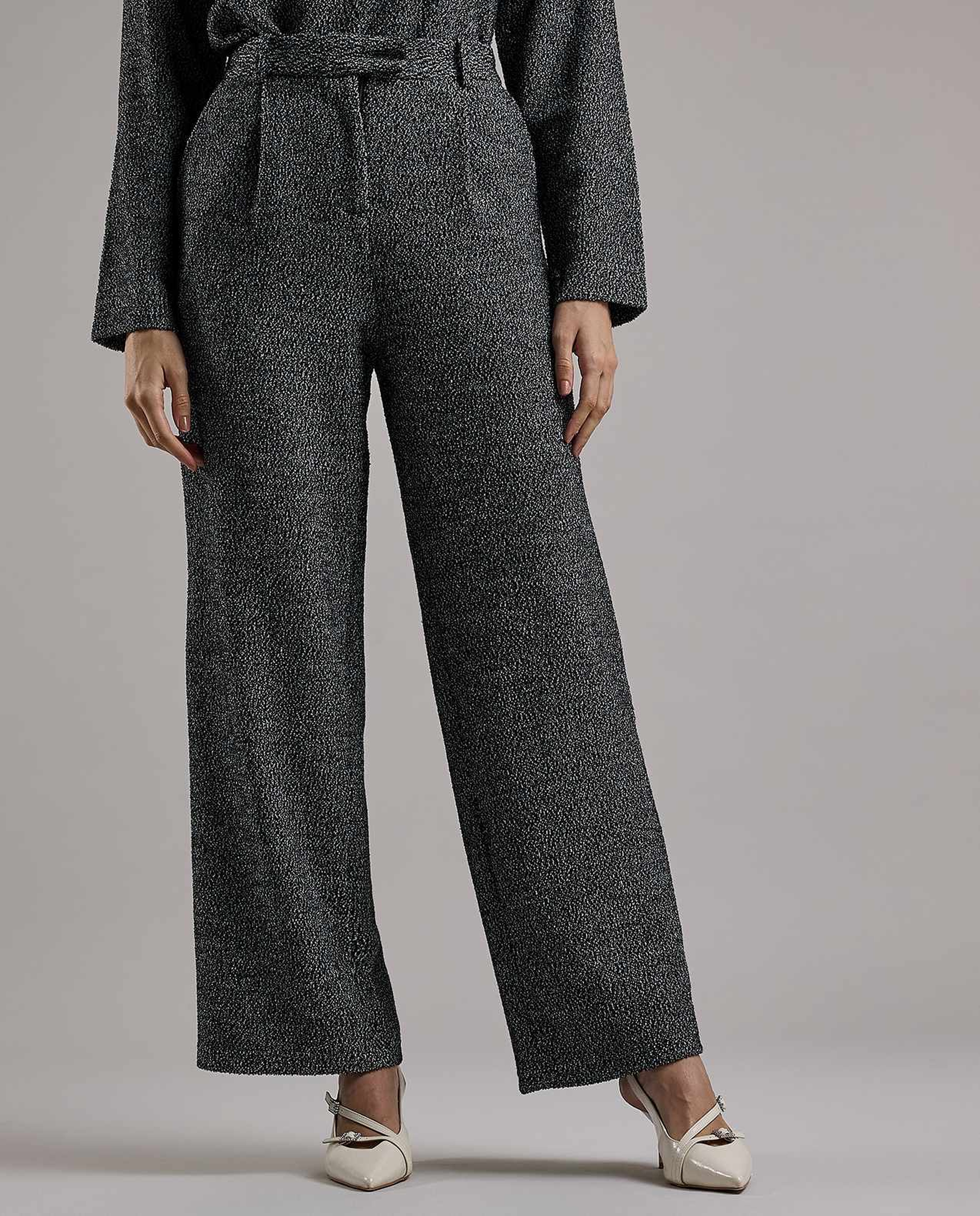 Textured Wide Leg Pants with Button Closure