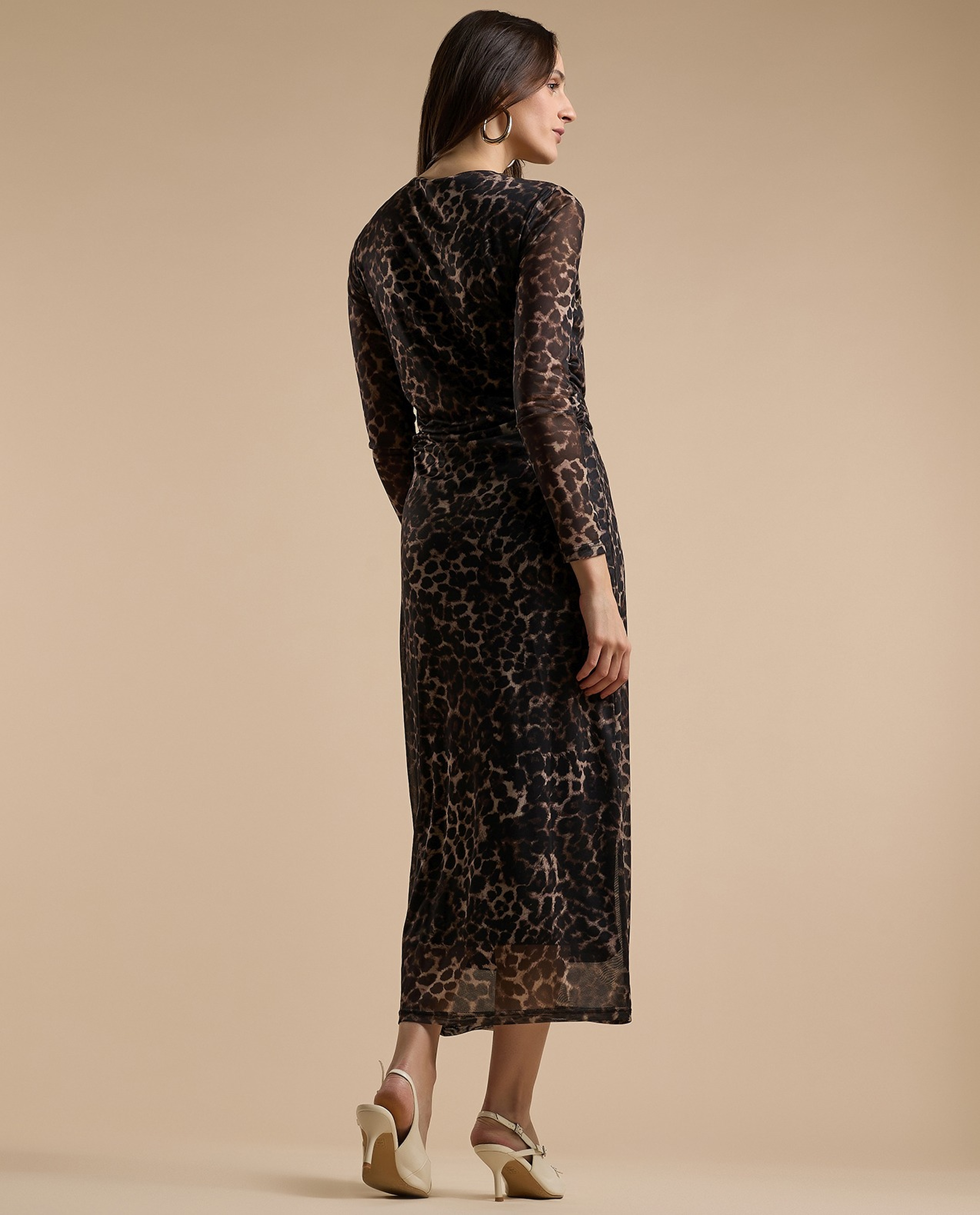 Animal Patterned Sheath Dress with Crew Neck and Long Sleeves