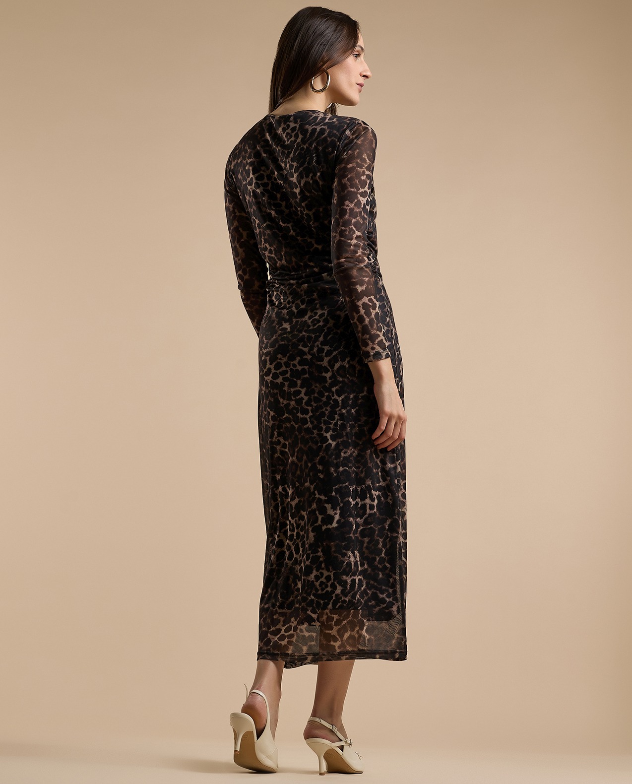 Animal Patterned Sheath Dress with Crew Neck and Long Sleeves