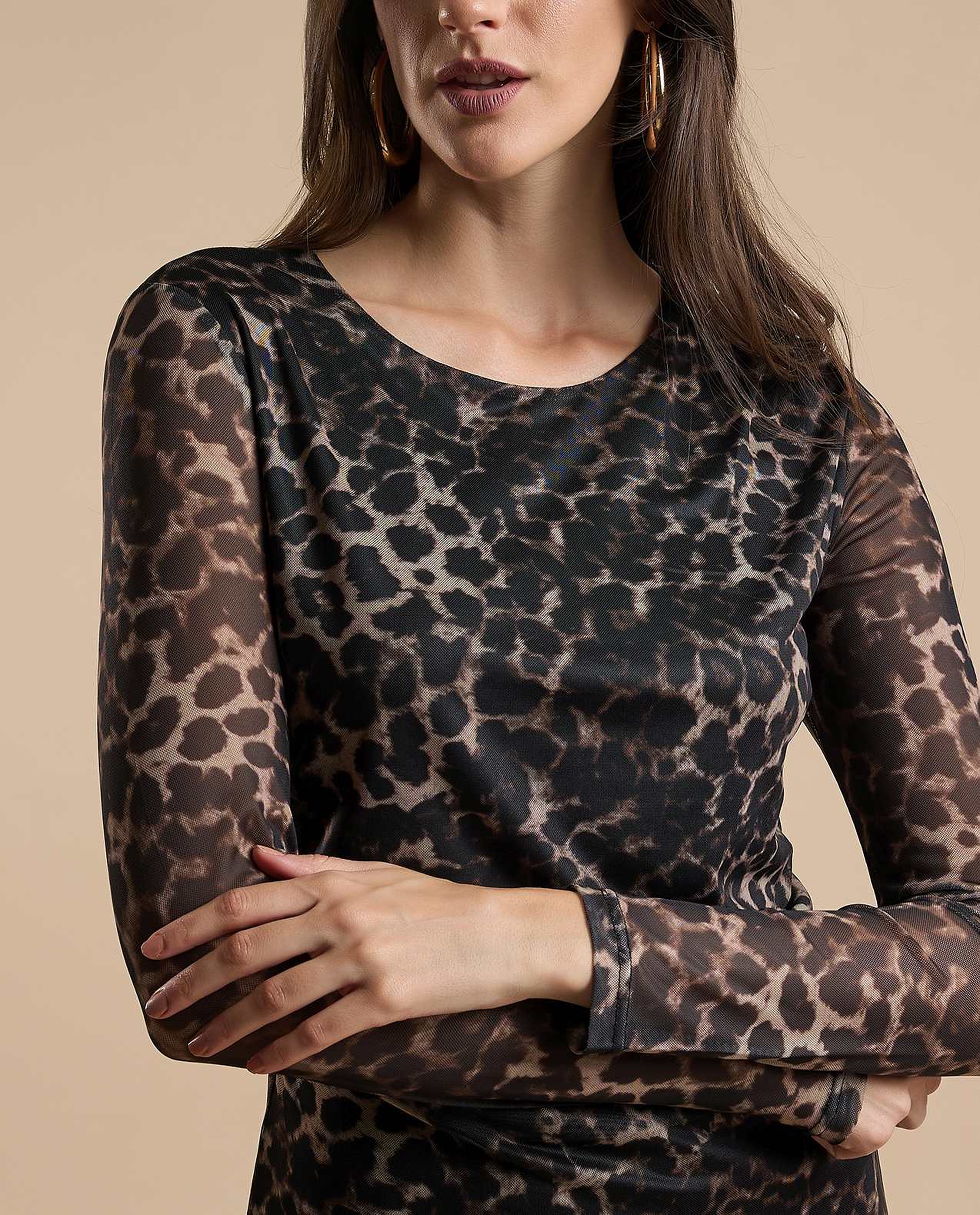 Animal Patterned Sheath Dress with Crew Neck and Long Sleeves