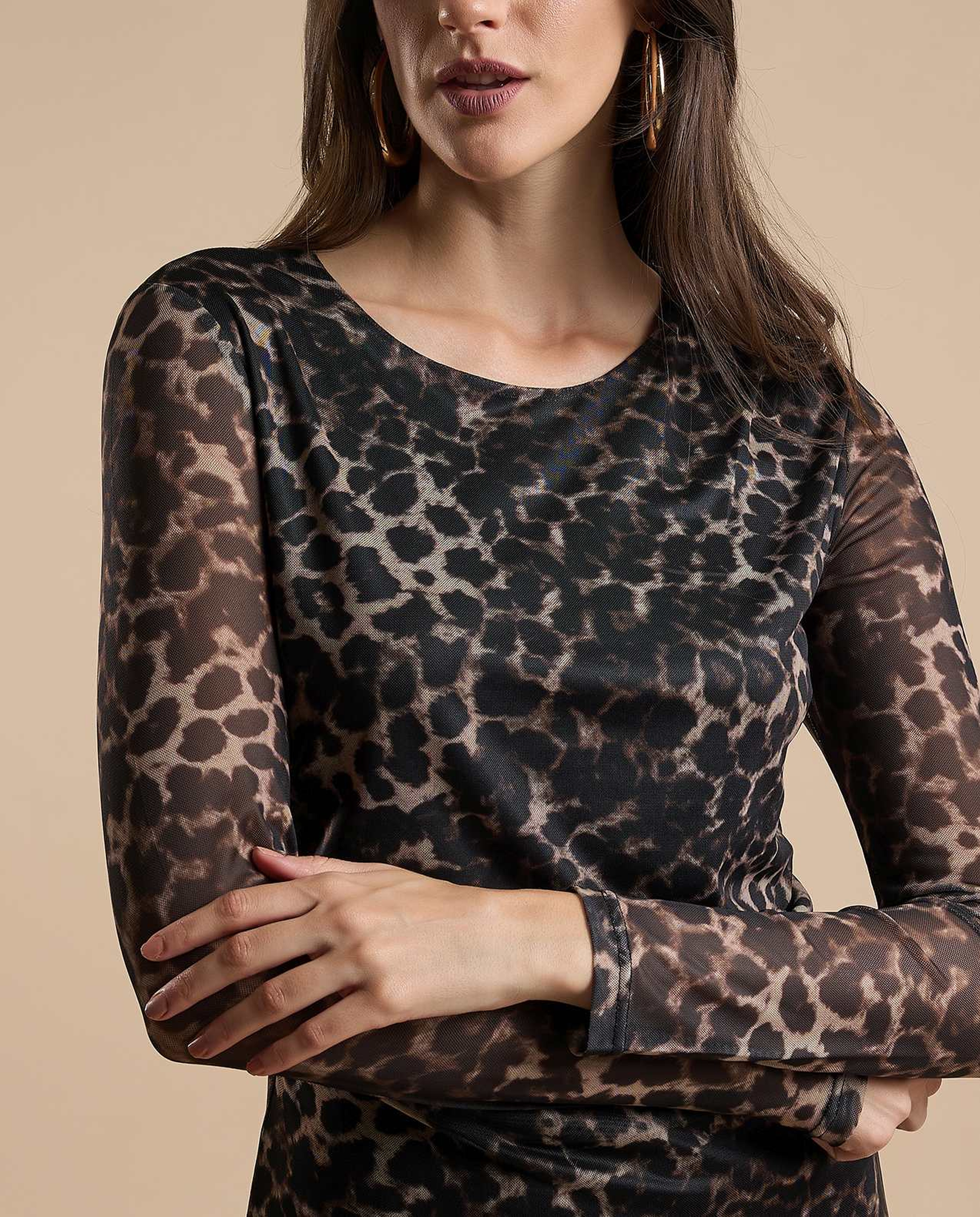 Animal Patterned Sheath Dress with Crew Neck and Long Sleeves
