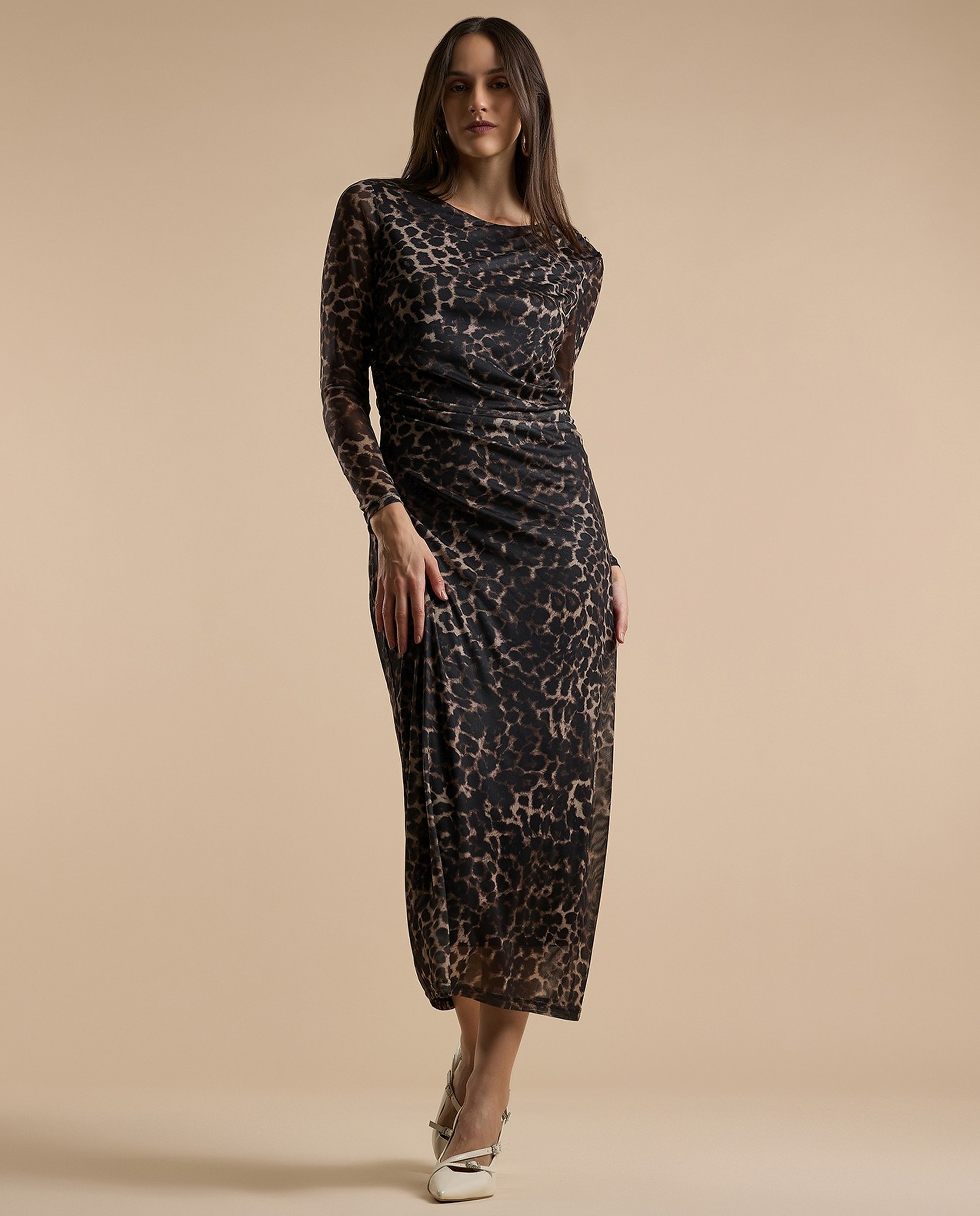 Animal Patterned Sheath Dress with Crew Neck and Long Sleeves