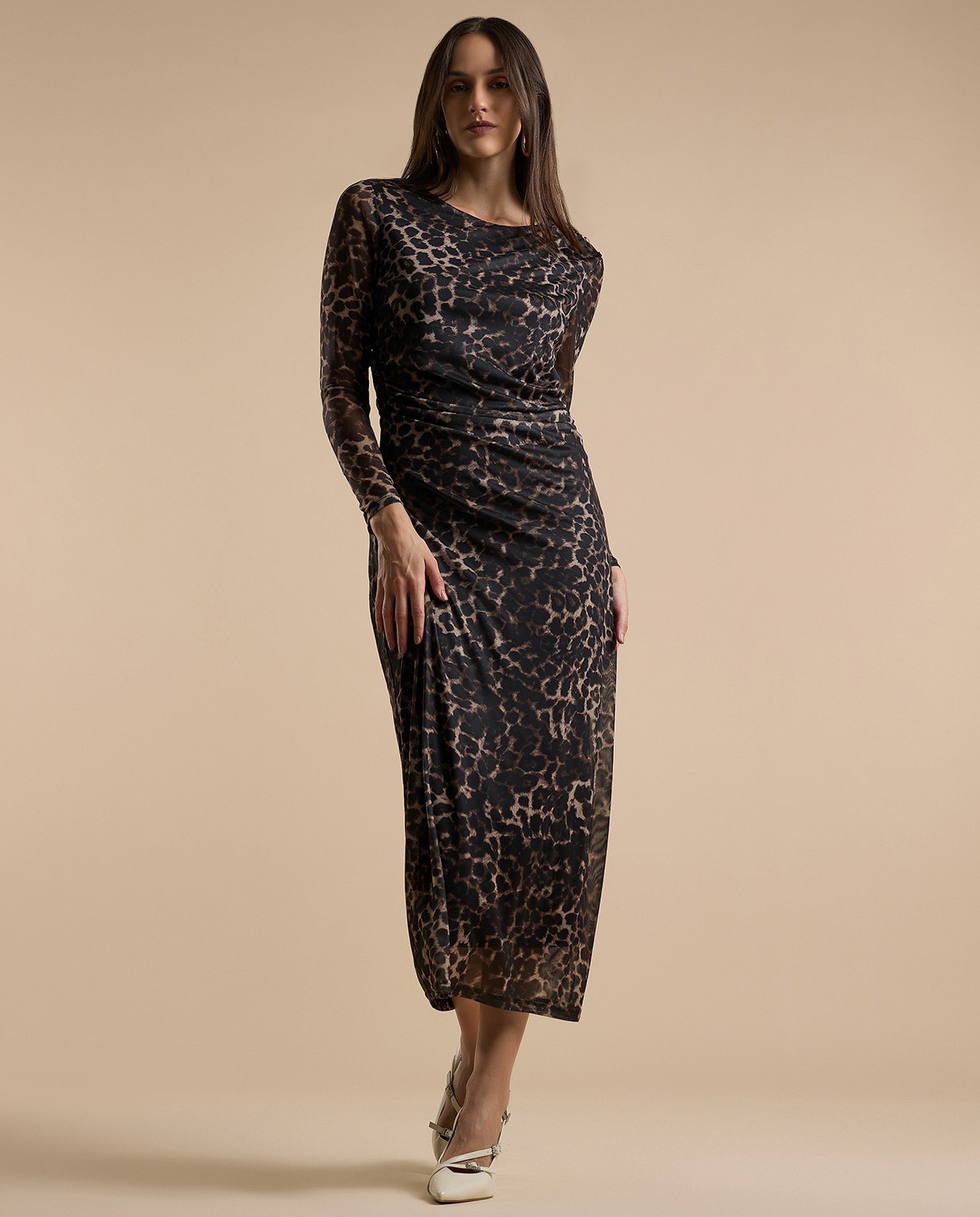Animal Patterned Sheath Dress with Crew Neck and Long Sleeves