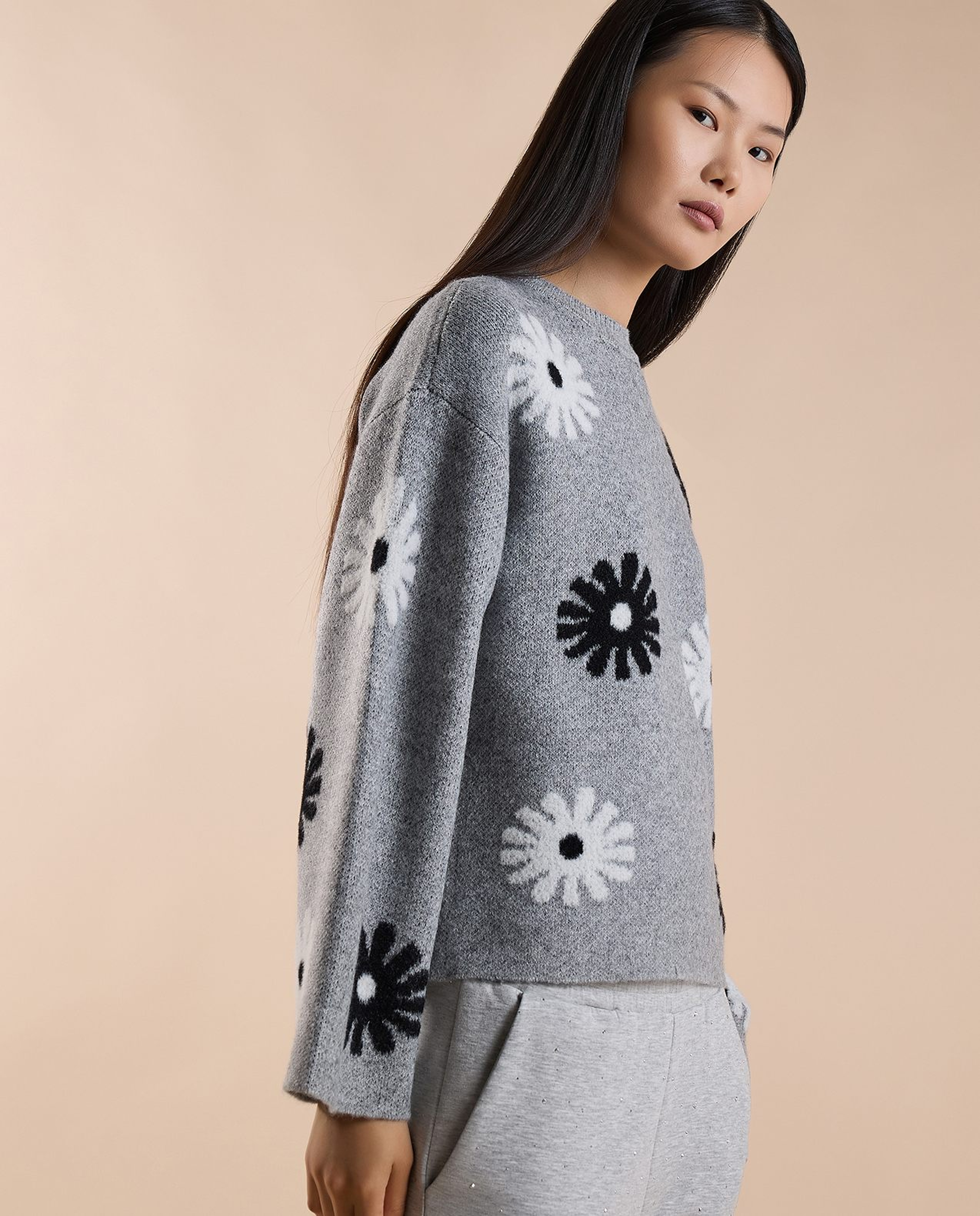 Patterned Sweater with Crew Neck and Long Sleeves