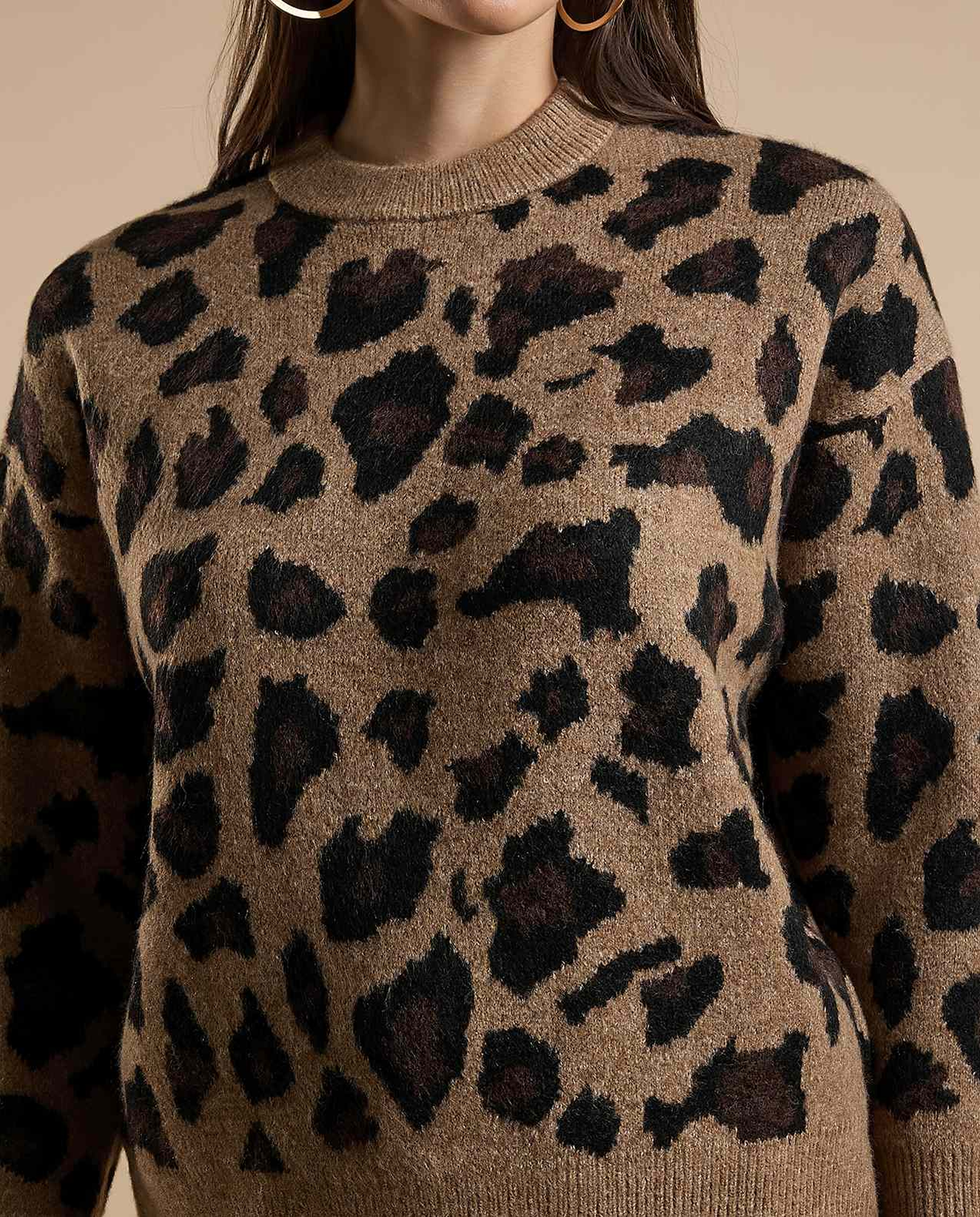 Animal Patterned Sweater with Crew Neck and Long Sleeves
