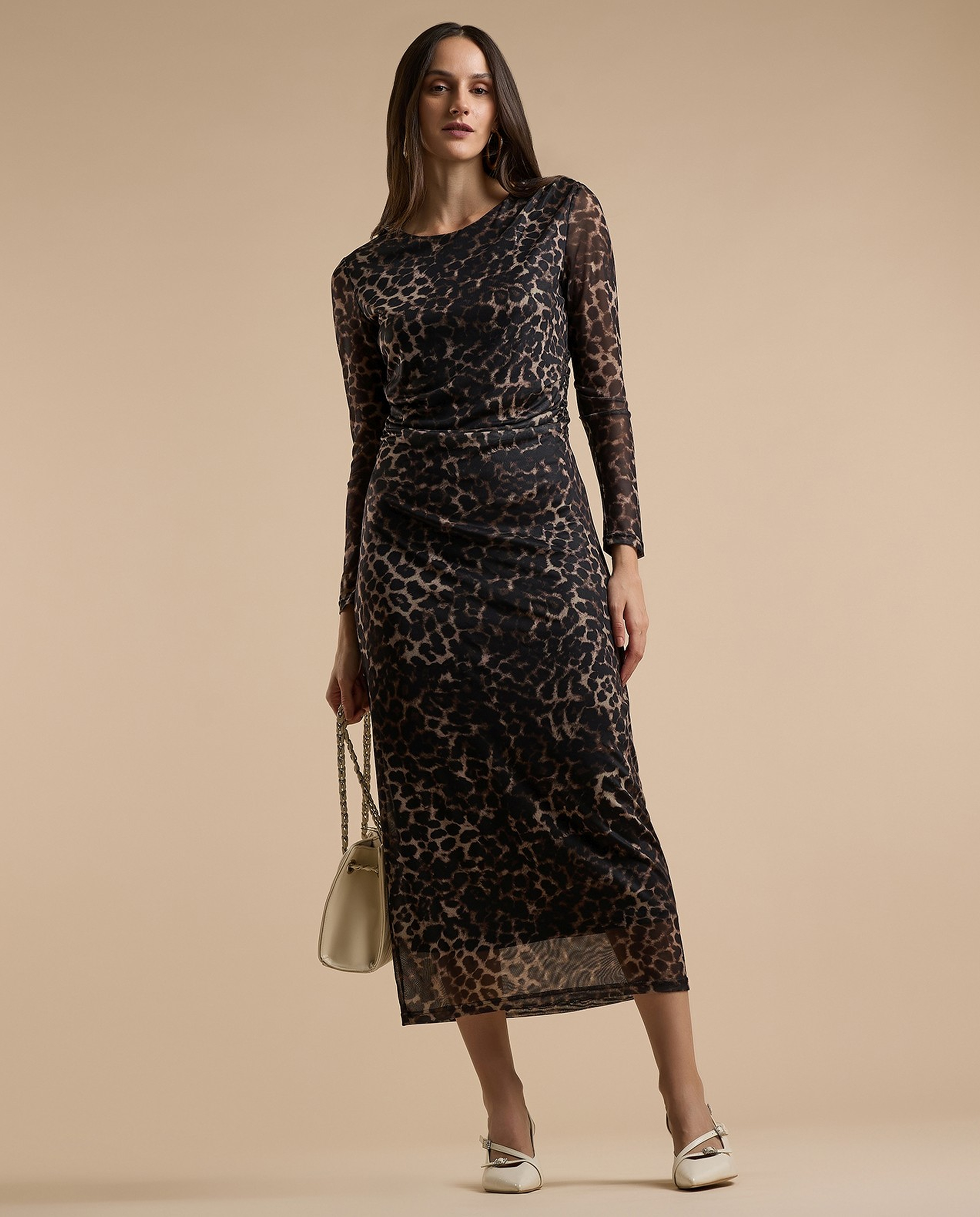 Animal Patterned Sheath Dress with Crew Neck and Long Sleeves