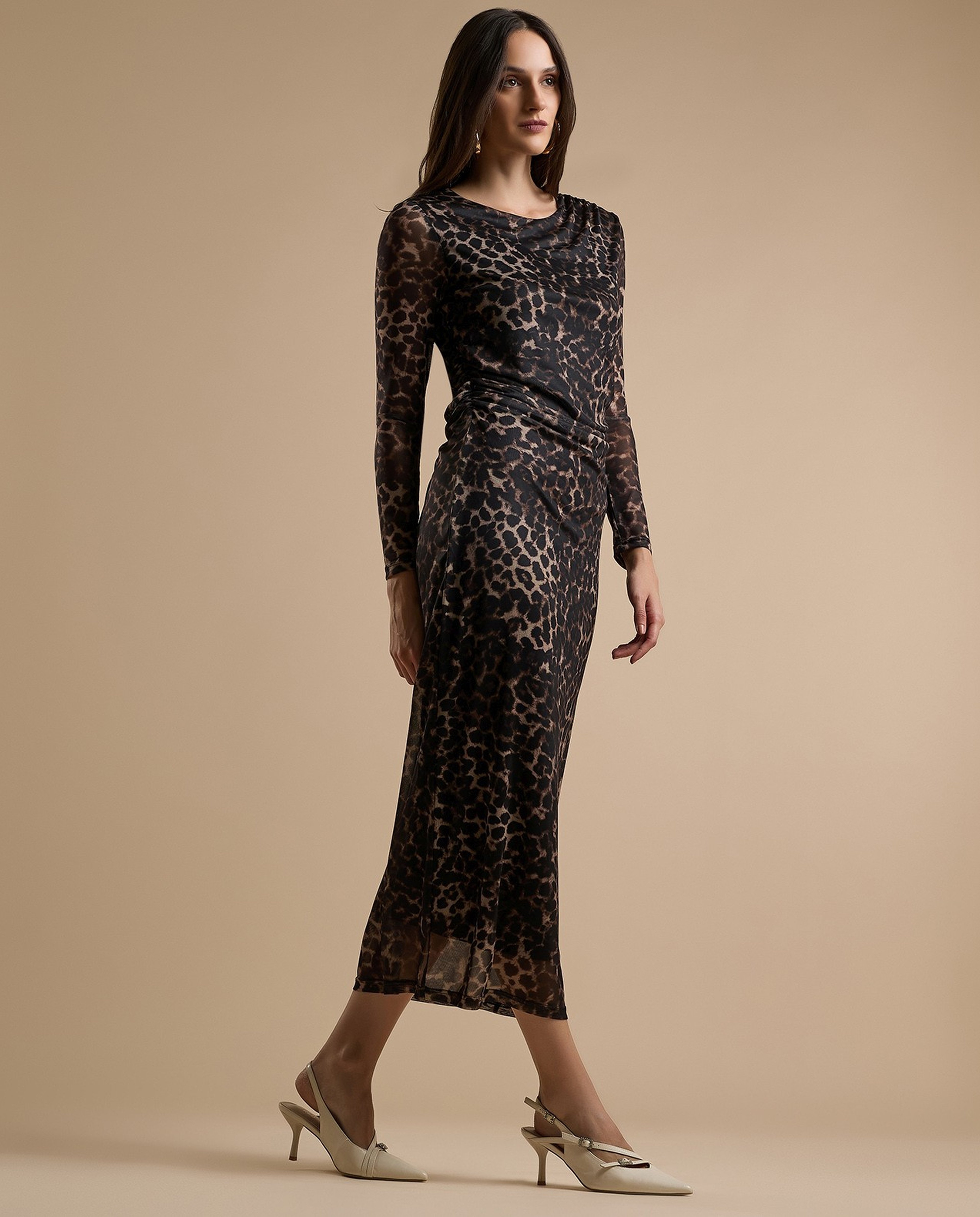 Animal Patterned Sheath Dress with Crew Neck and Long Sleeves