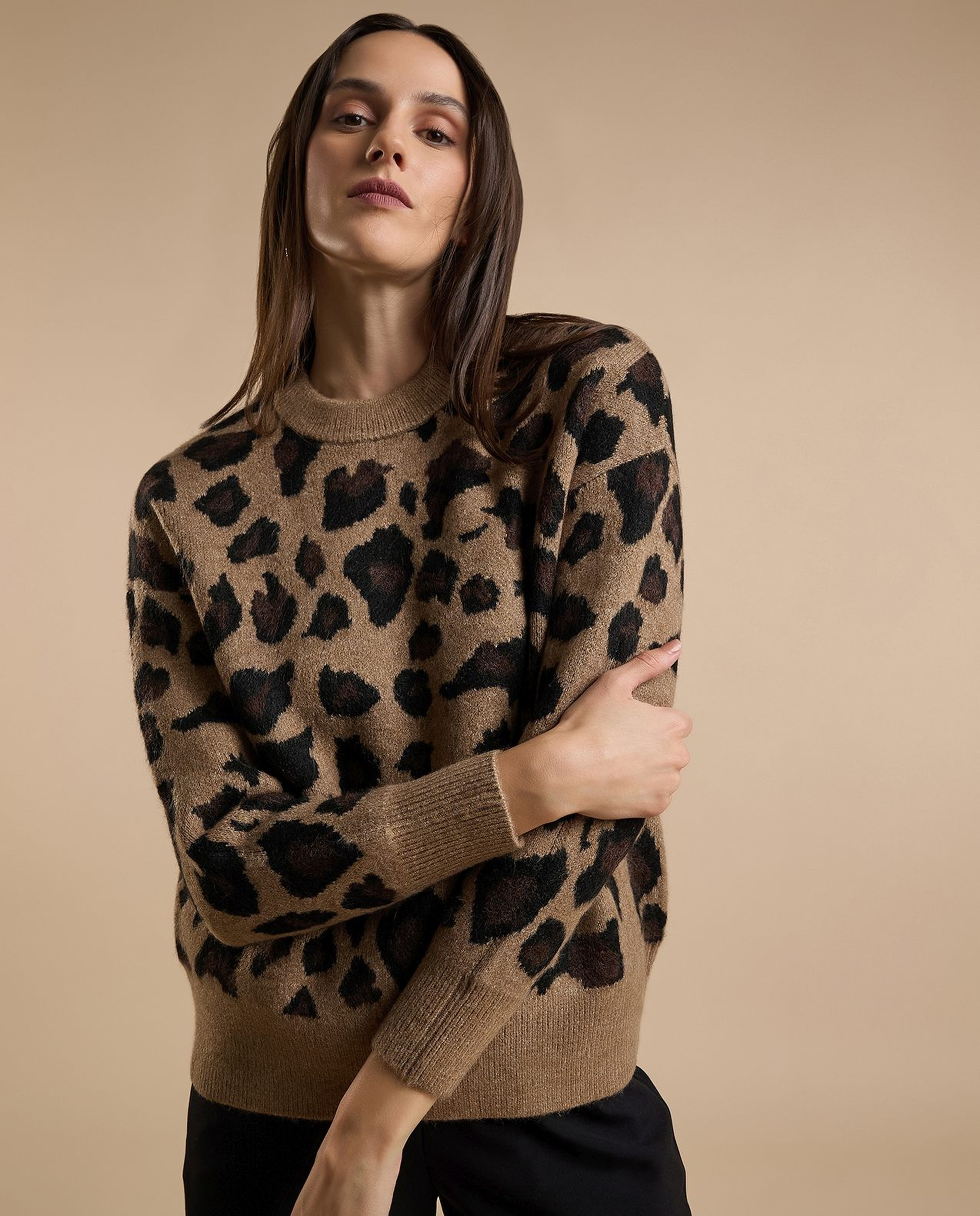 Animal Patterned Sweater with Crew Neck and Long Sleeves