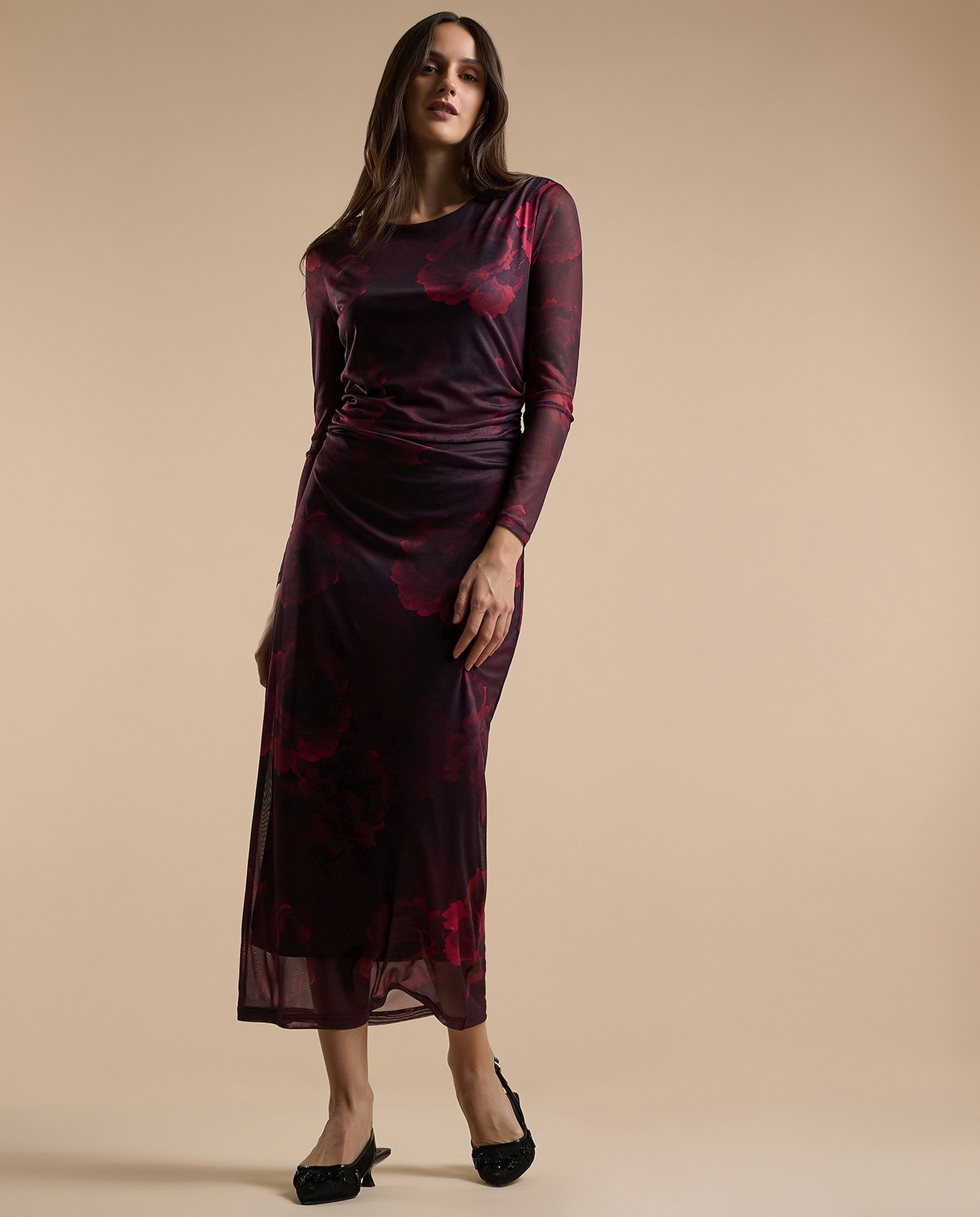 Animal Patterned Sheath Dress with Crew Neck and Long Sleeves