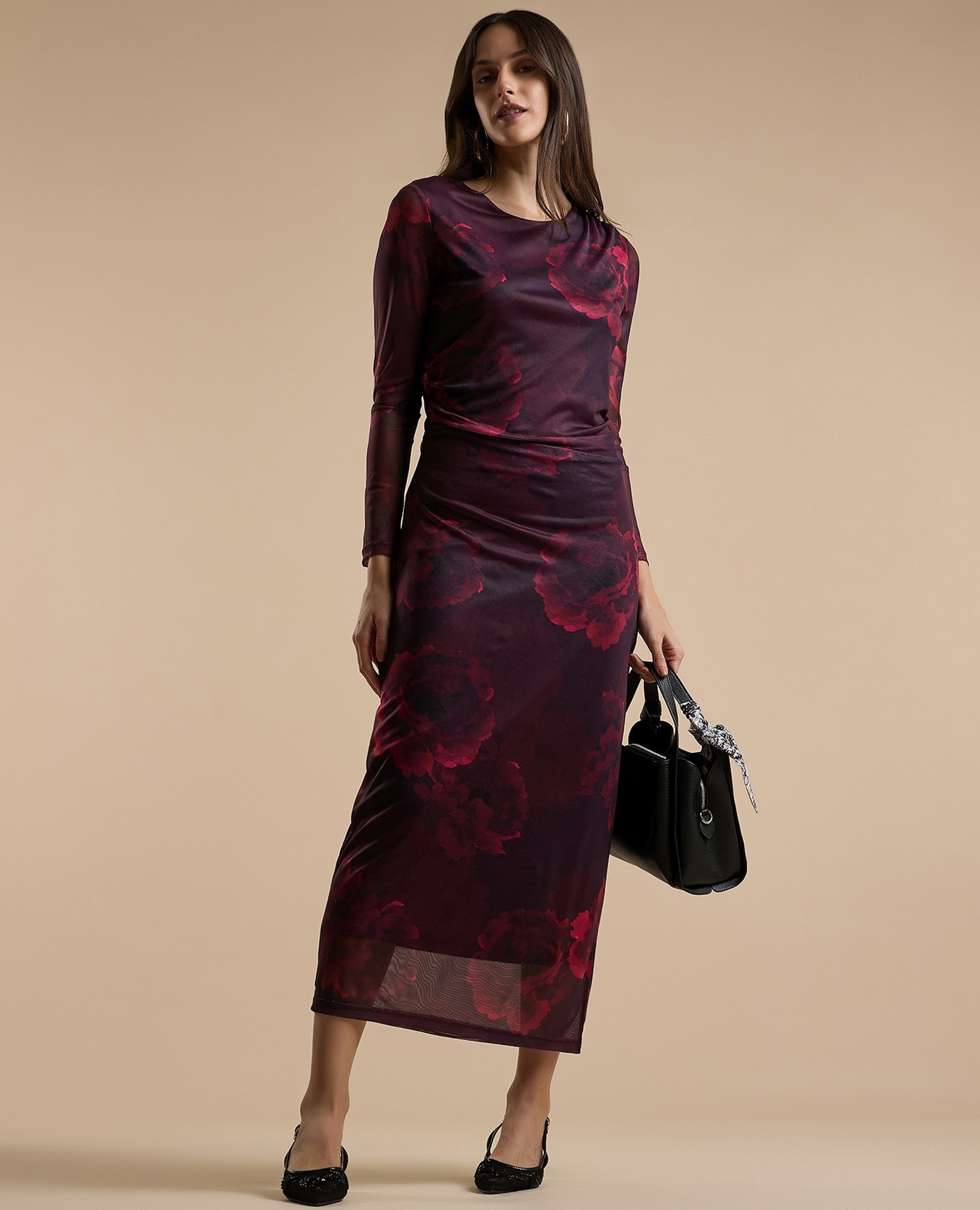 Animal Patterned Sheath Dress with Crew Neck and Long Sleeves