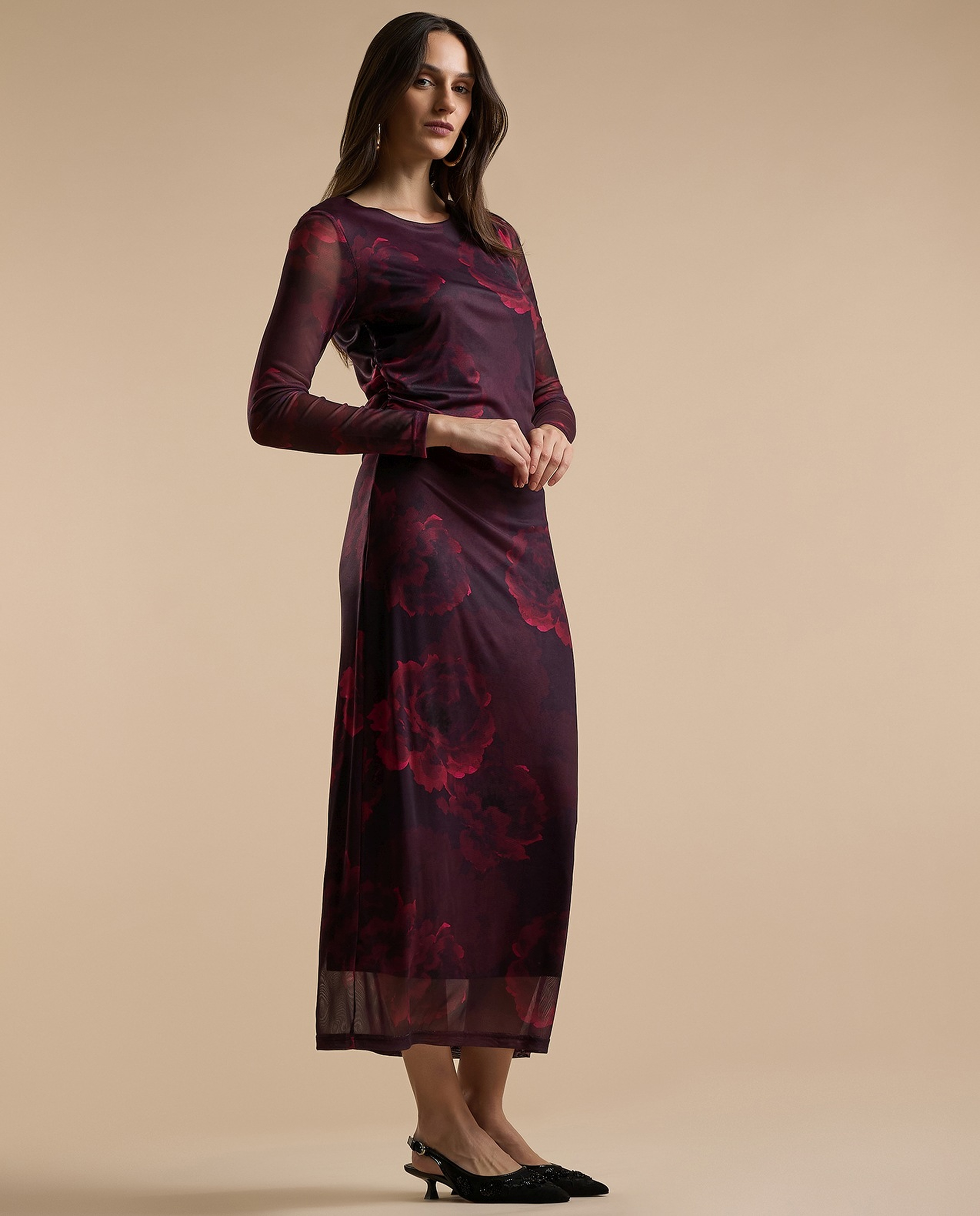 Animal Patterned Sheath Dress with Crew Neck and Long Sleeves