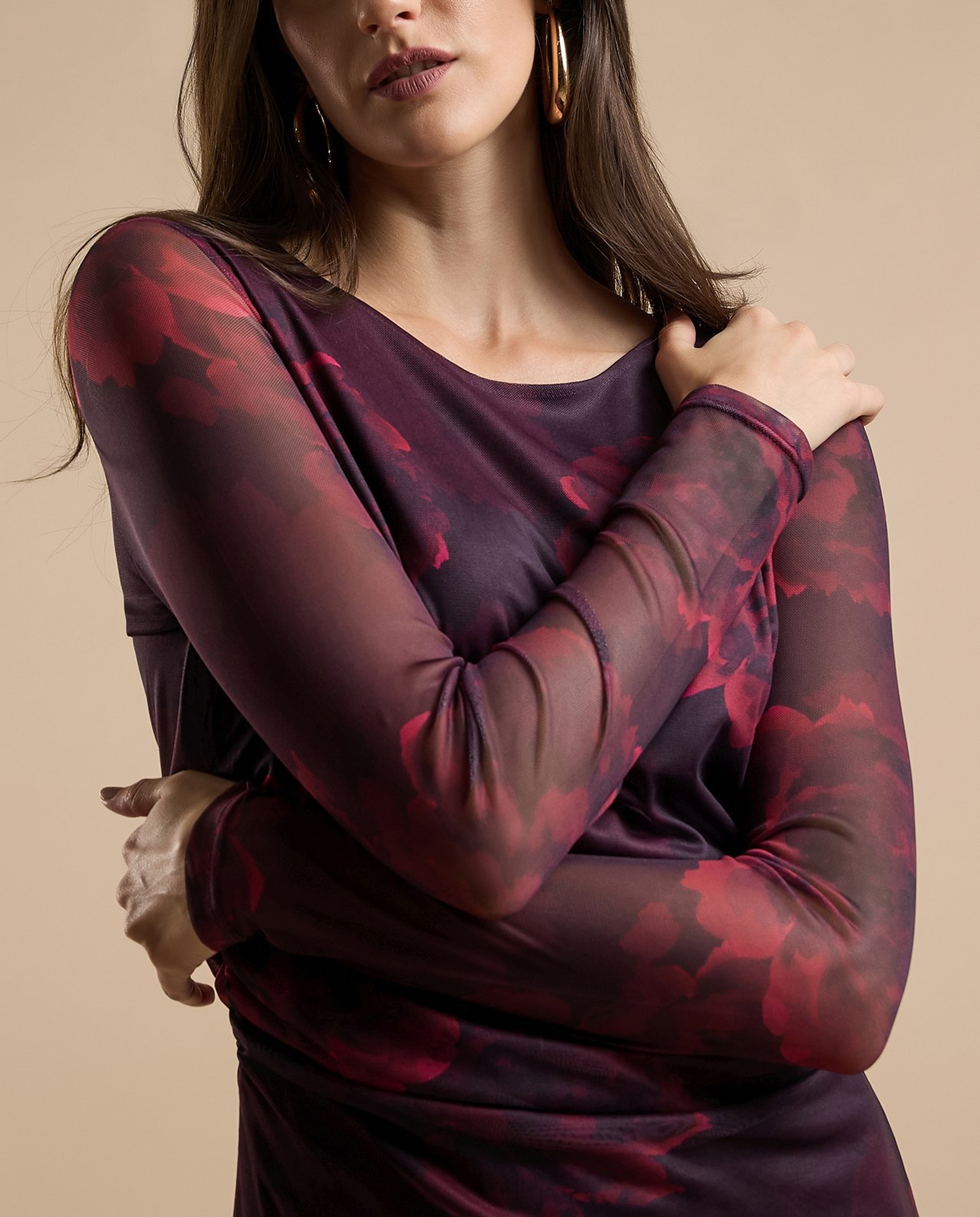 Animal Patterned Sheath Dress with Crew Neck and Long Sleeves