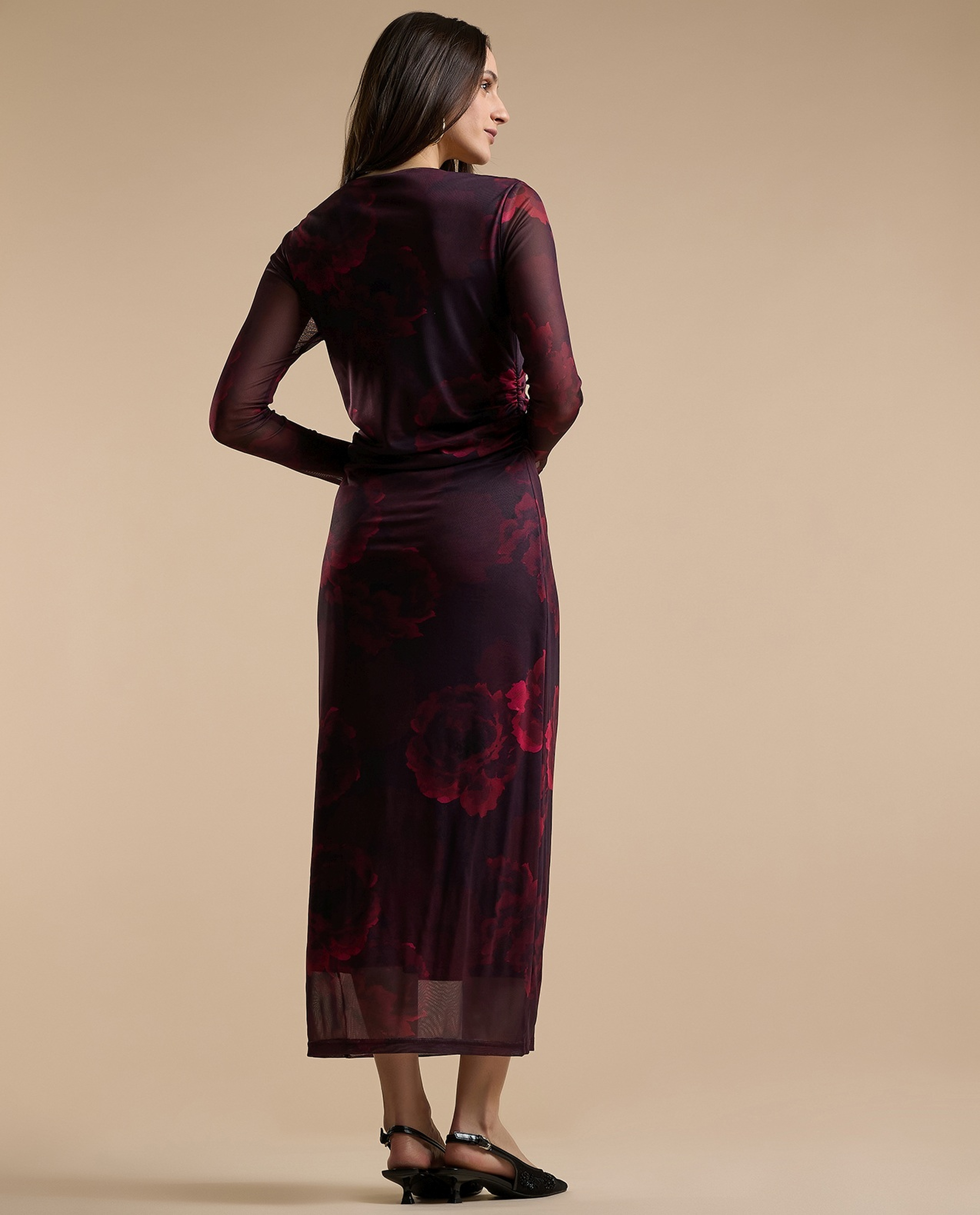 Animal Patterned Sheath Dress with Crew Neck and Long Sleeves