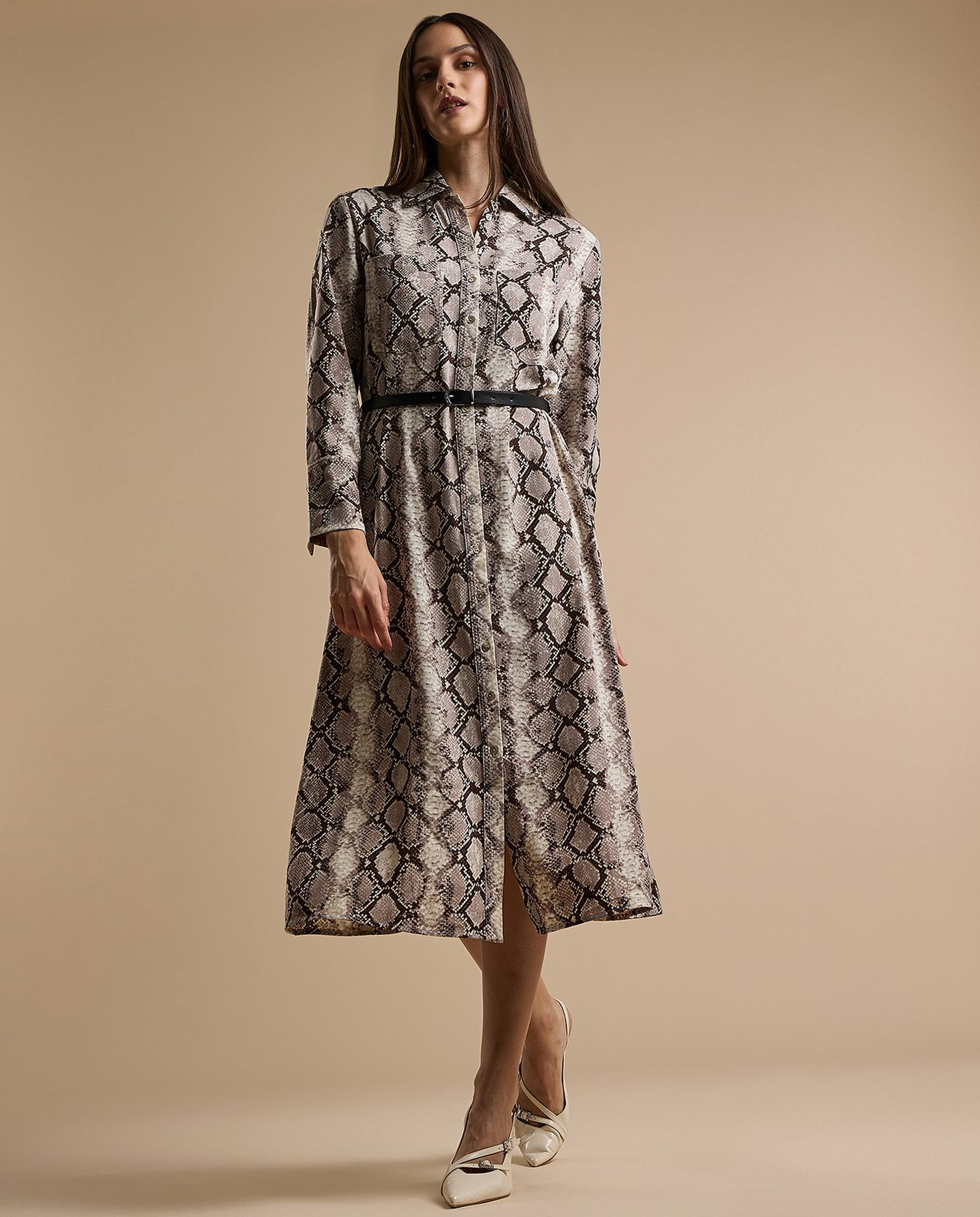 Snake Patterned Shirt Dress with Long Sleeves