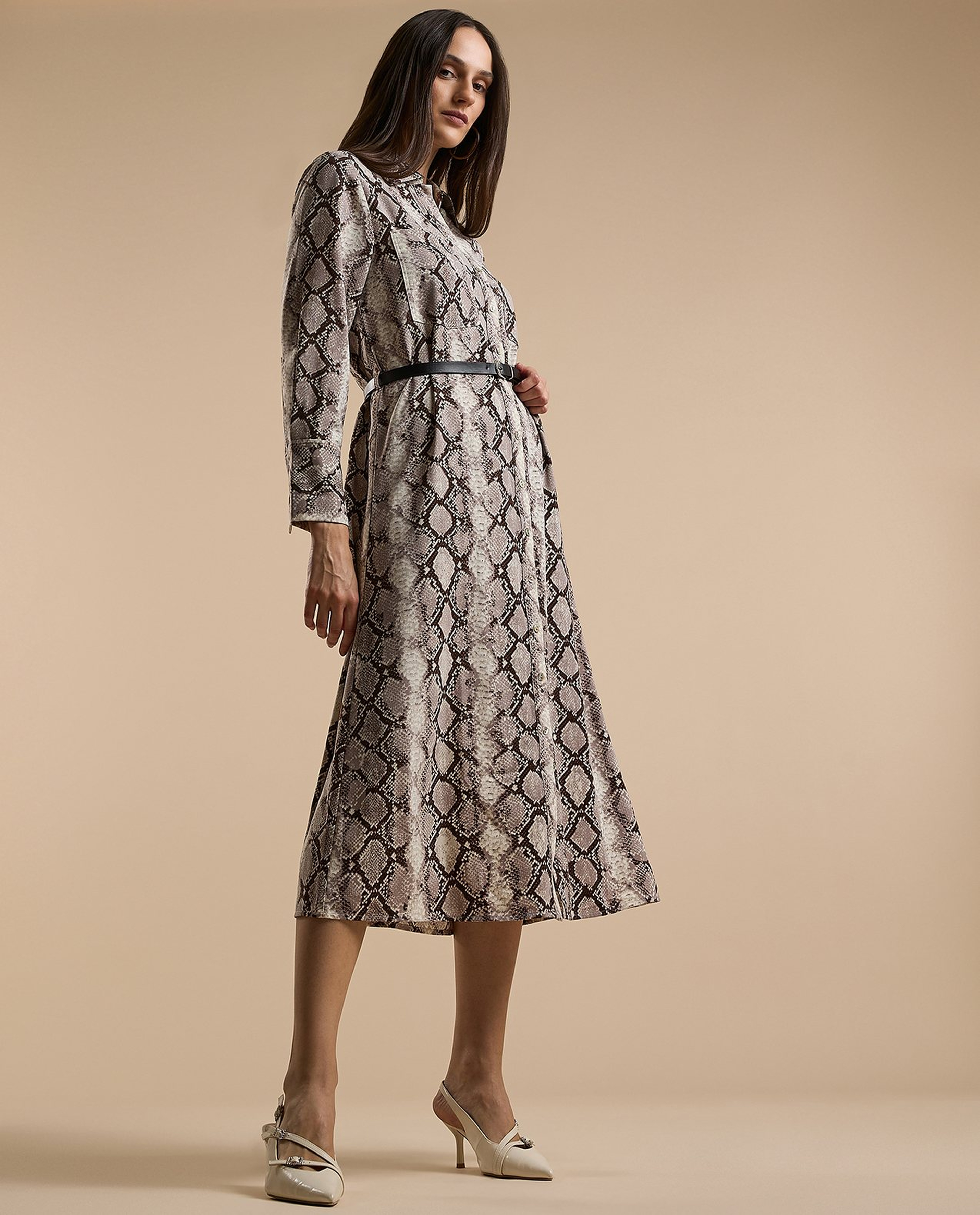 Snake Patterned Shirt Dress with Long Sleeves