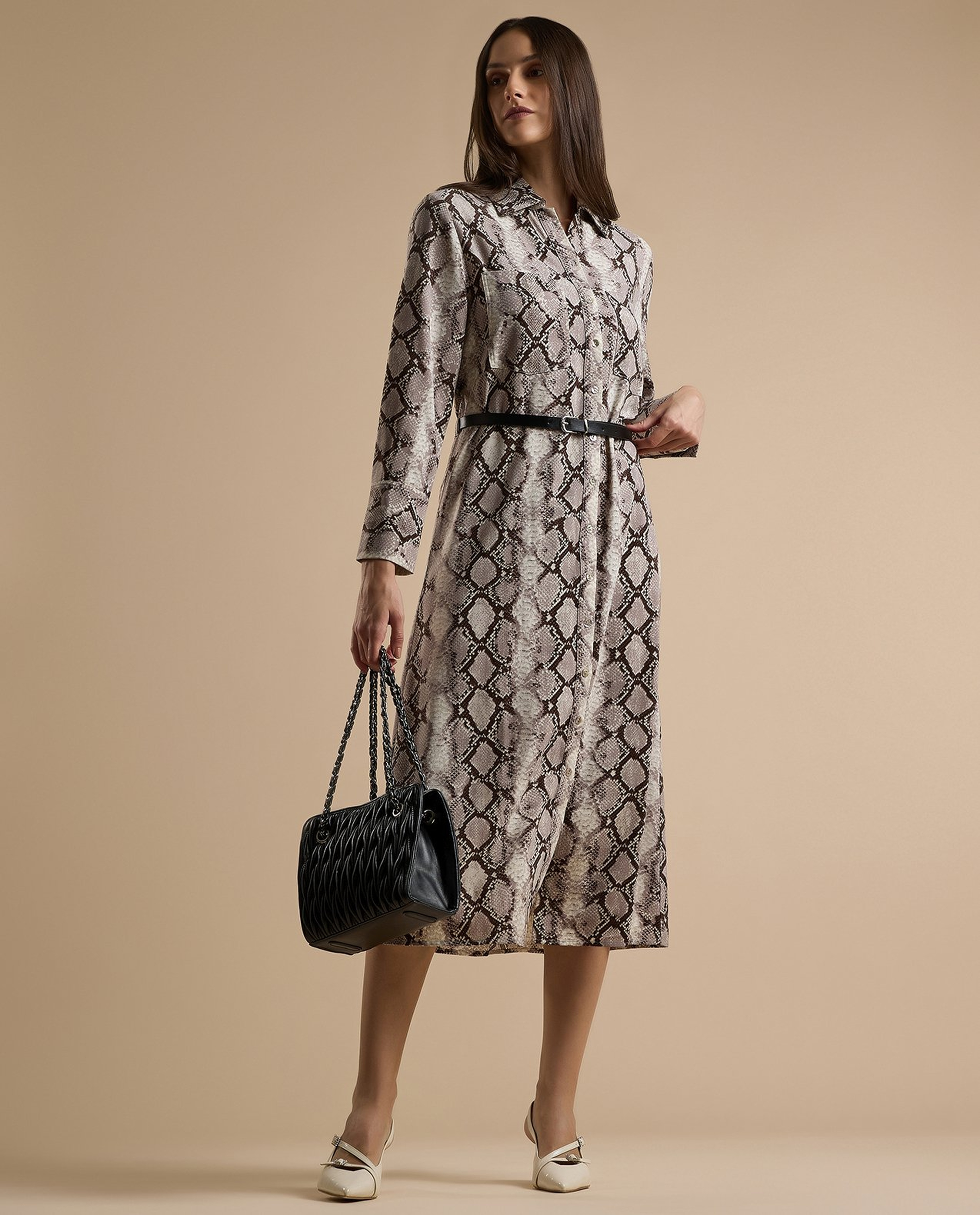 Snake Patterned Shirt Dress with Long Sleeves