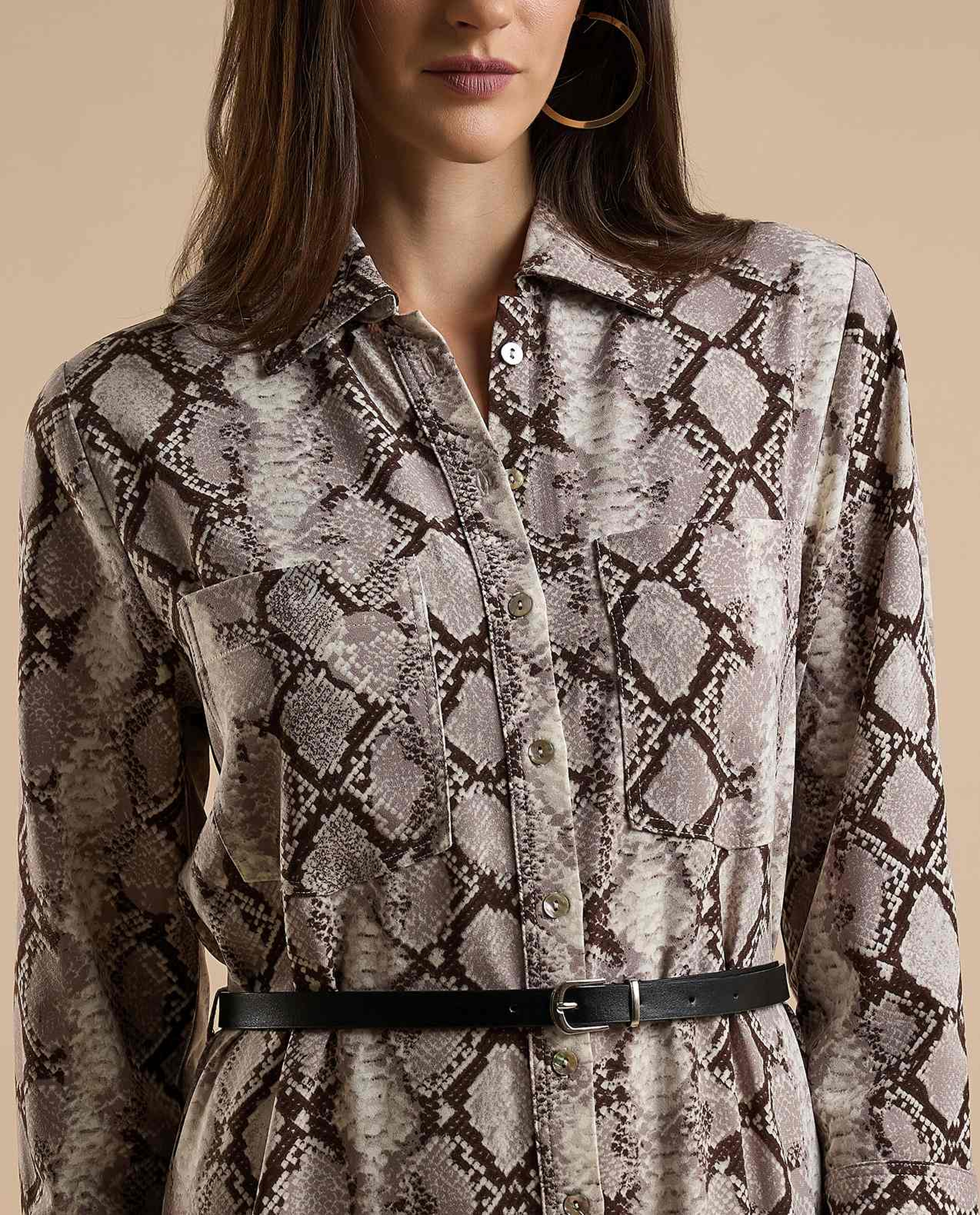 Snake Patterned Shirt Dress with Long Sleeves