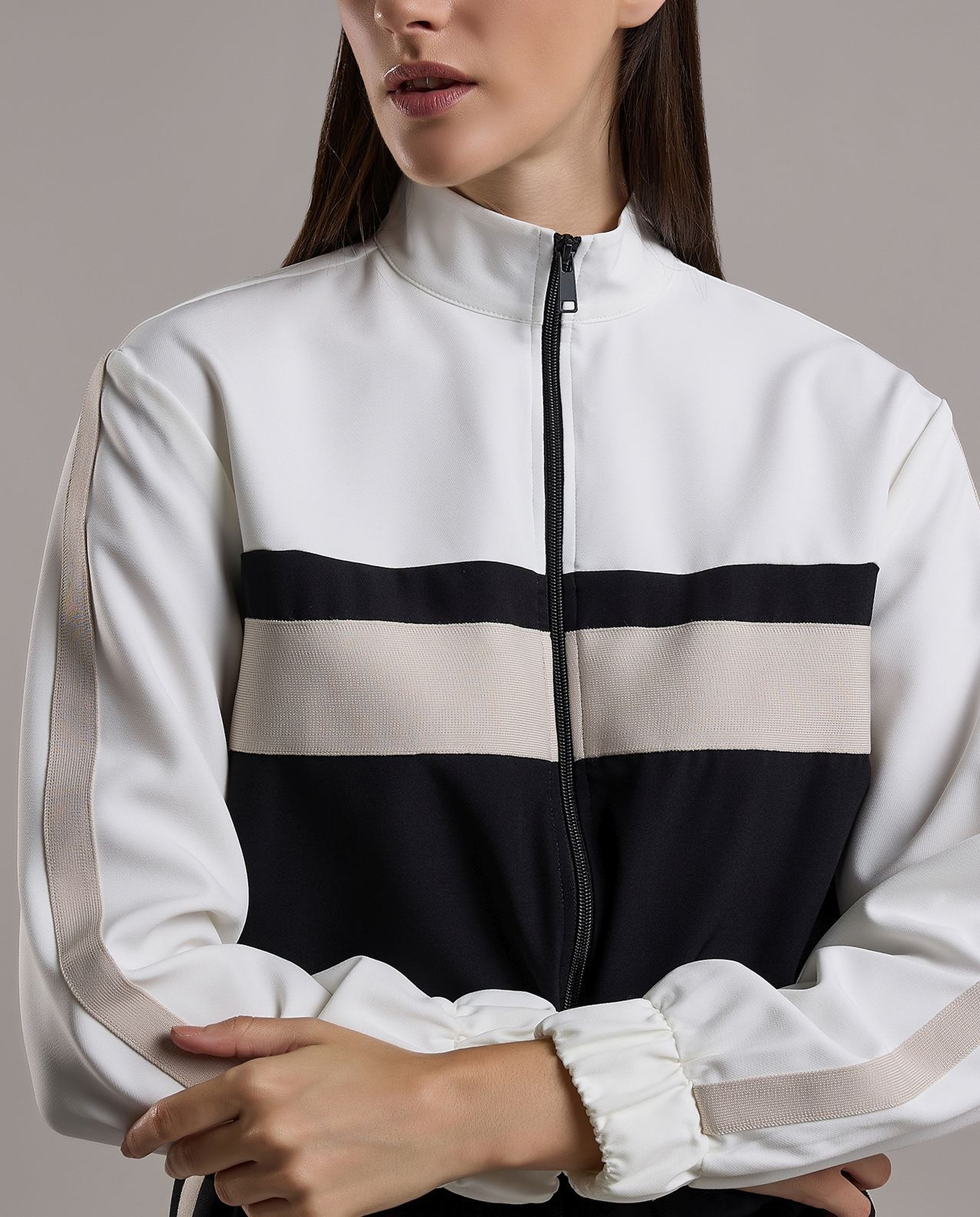 Color Block Jacket with Zipper Closure
